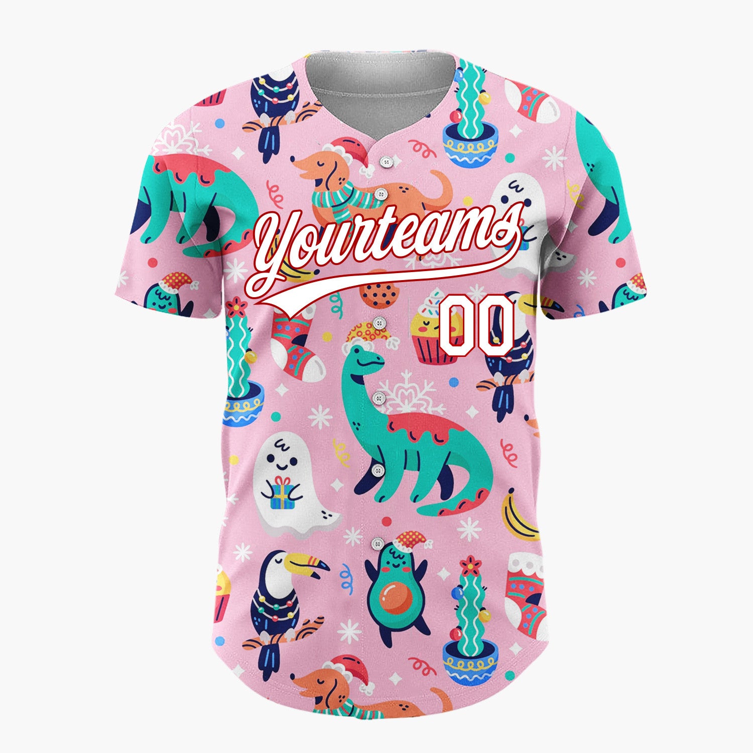 Custom Pink Green Dinosaurs Dogs And Avocados Playful Christmas Baseball Jersey