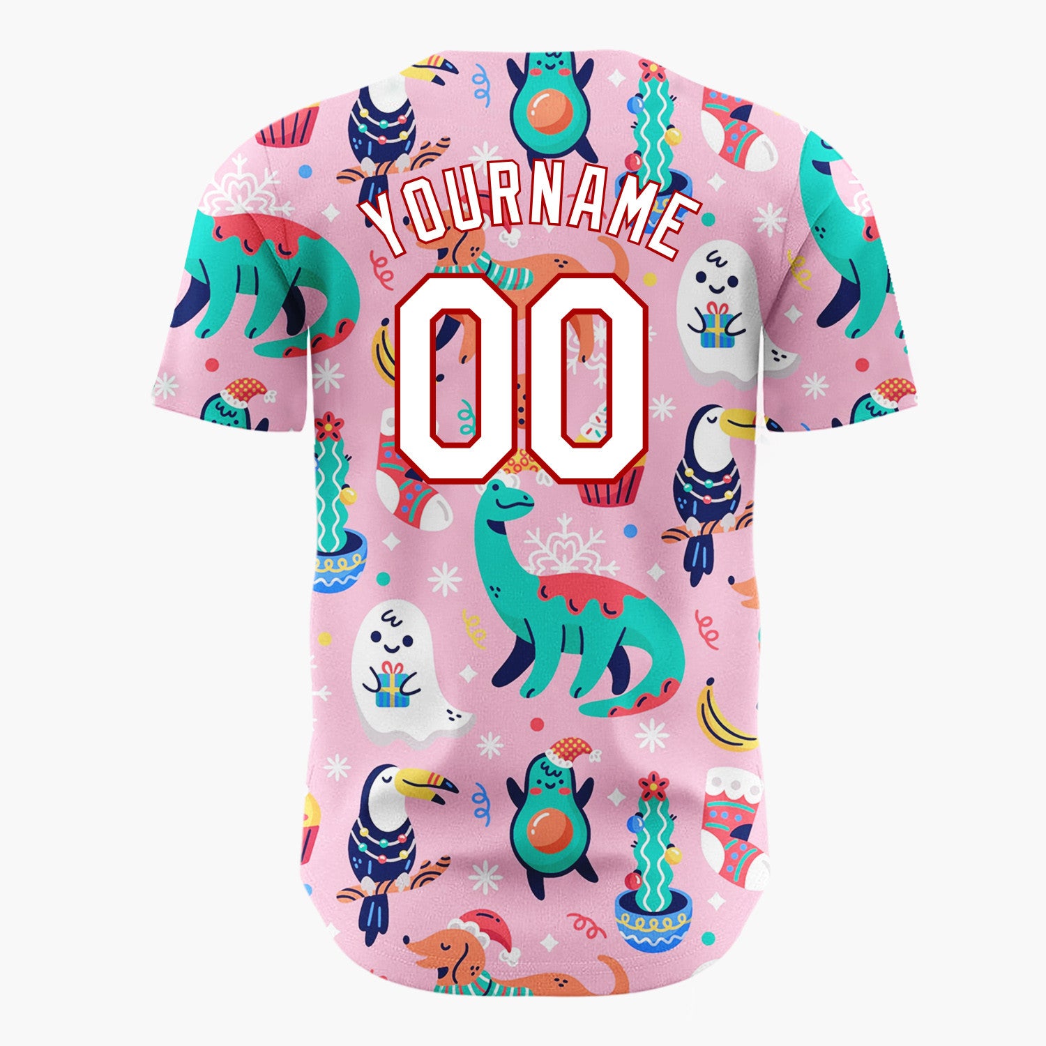 Custom Pink Green Dinosaurs Dogs And Avocados Playful Christmas Baseball Jersey