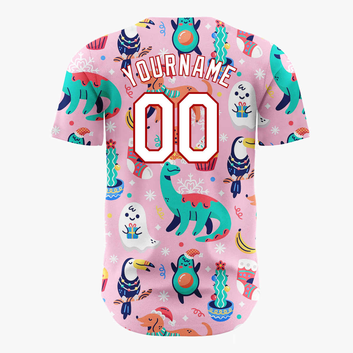 Custom Pink Green Dinosaurs Dogs And Avocados Playful Christmas Baseball Jersey