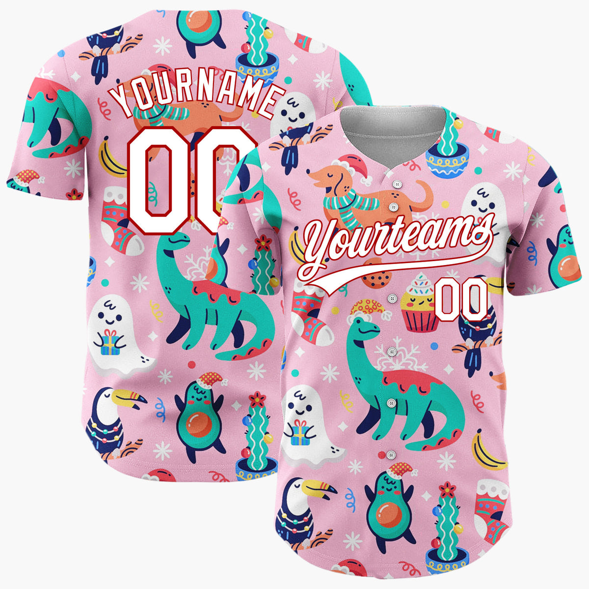 Custom Pink Green Dinosaurs Dogs And Avocados Playful Christmas Baseball Jersey