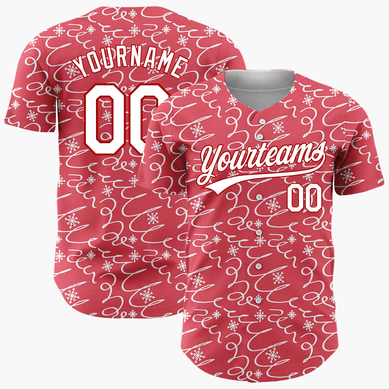 Custom Red Abstract Swirl And Snowflake Hand Drawn Pattern Christmas Baseball Jersey