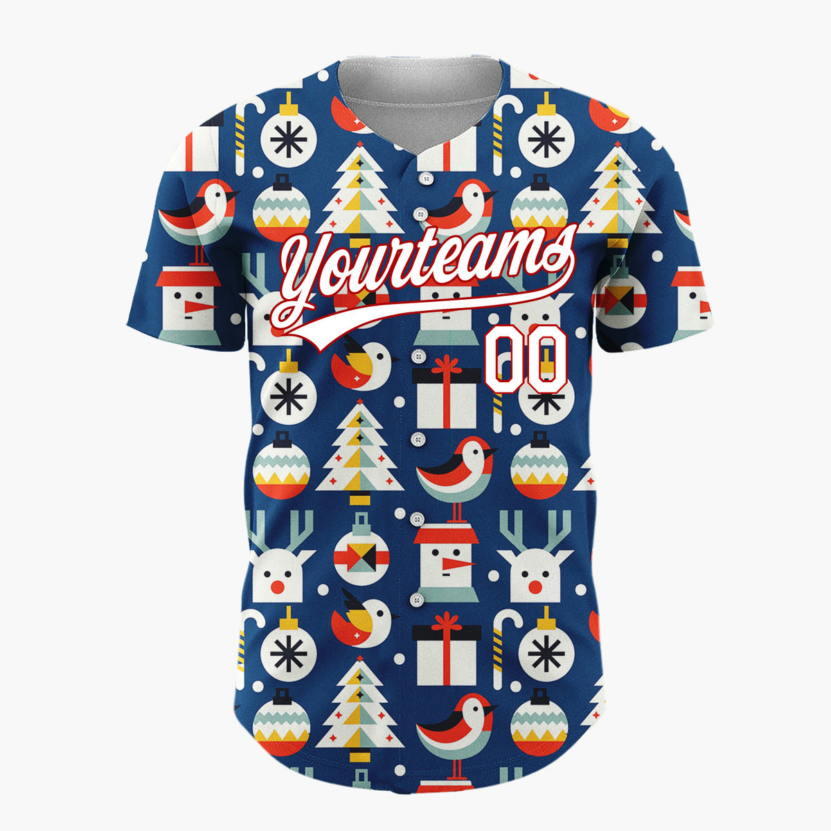 Custom Navy Minimalist Santa Reindeer And Bird Geometric Christmas Baseball Jersey