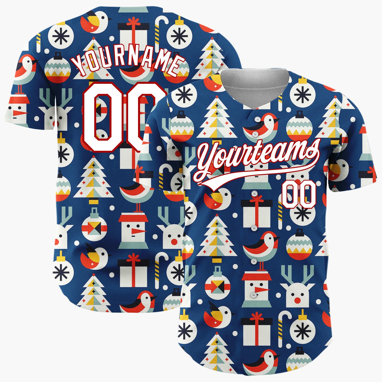 Custom Navy Minimalist Santa Reindeer And Bird Geometric Christmas Baseball Jersey