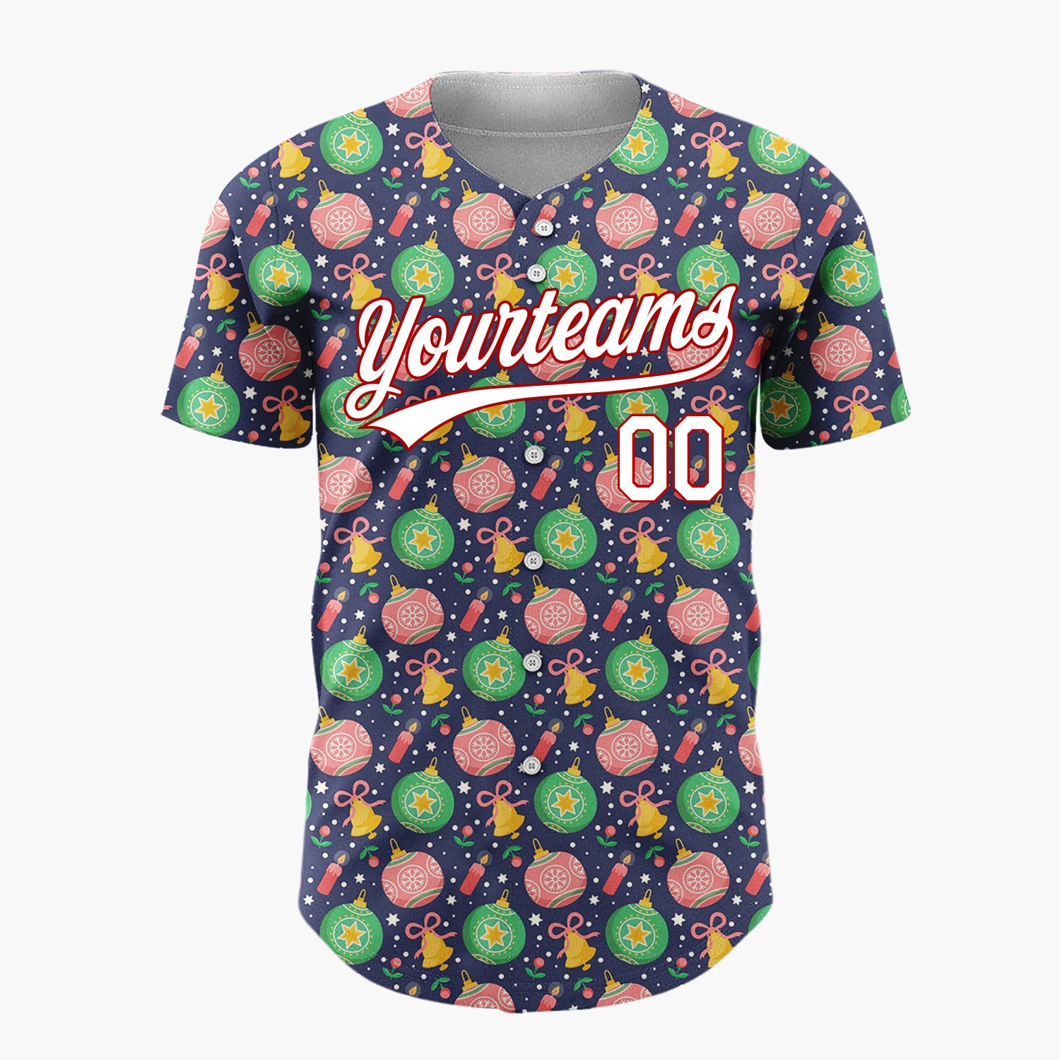 Custom Navy Green Pink Ornaments Bells And Stars Festive Christmas Baseball Jersey