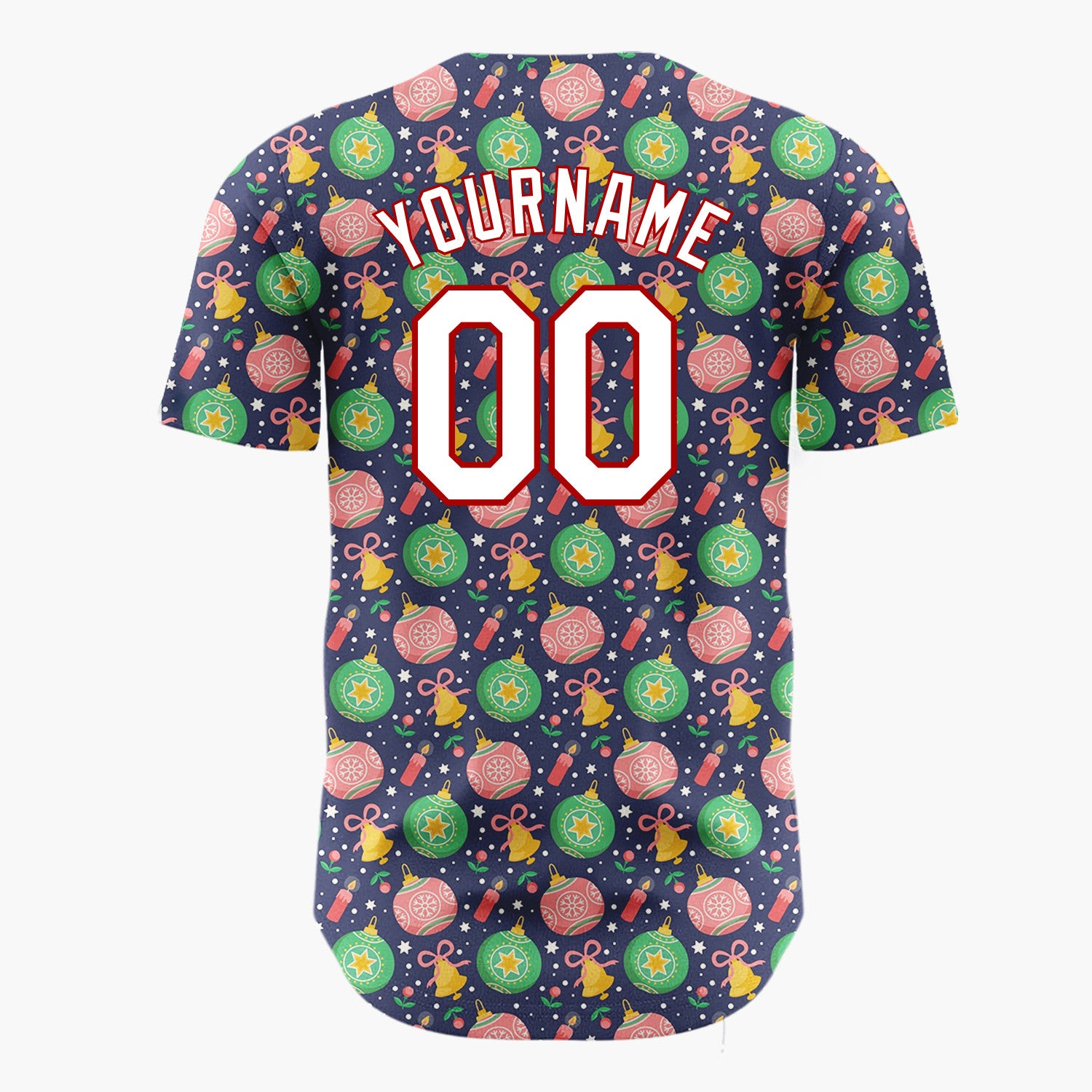 Custom Navy Green Pink Ornaments Bells And Stars Festive Christmas Baseball Jersey