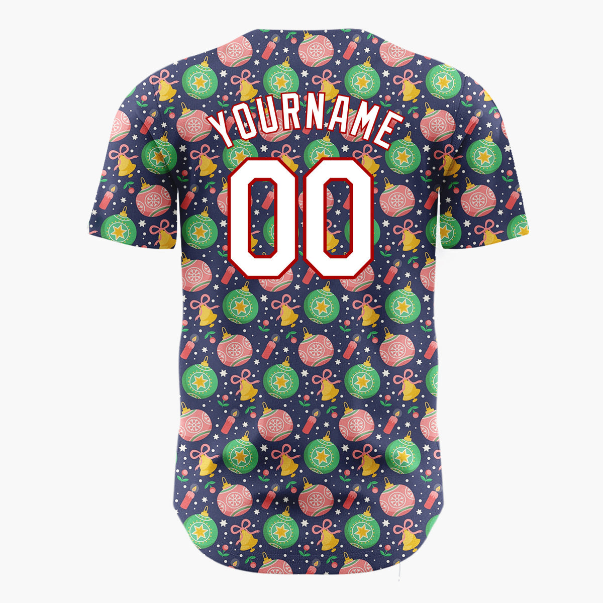 Custom Navy Green Pink Ornaments Bells And Stars Festive Christmas Baseball Jersey