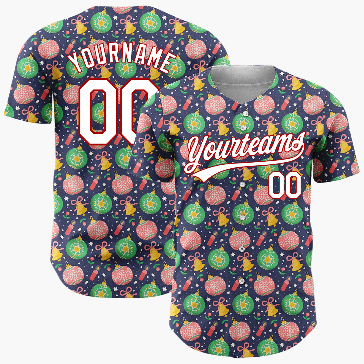 Custom Navy Green Pink Ornaments Bells And Stars Festive Christmas Baseball Jersey