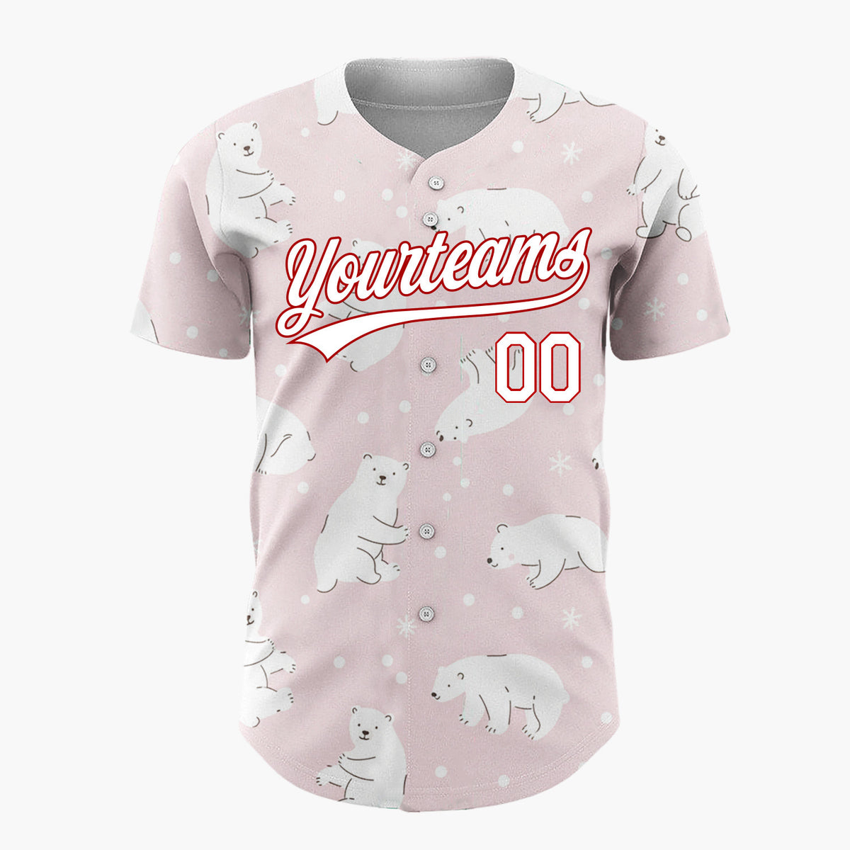 Custom Pink White Polar Bears With Snowflakes Gentle Winter Pattern Christmas Baseball Jersey