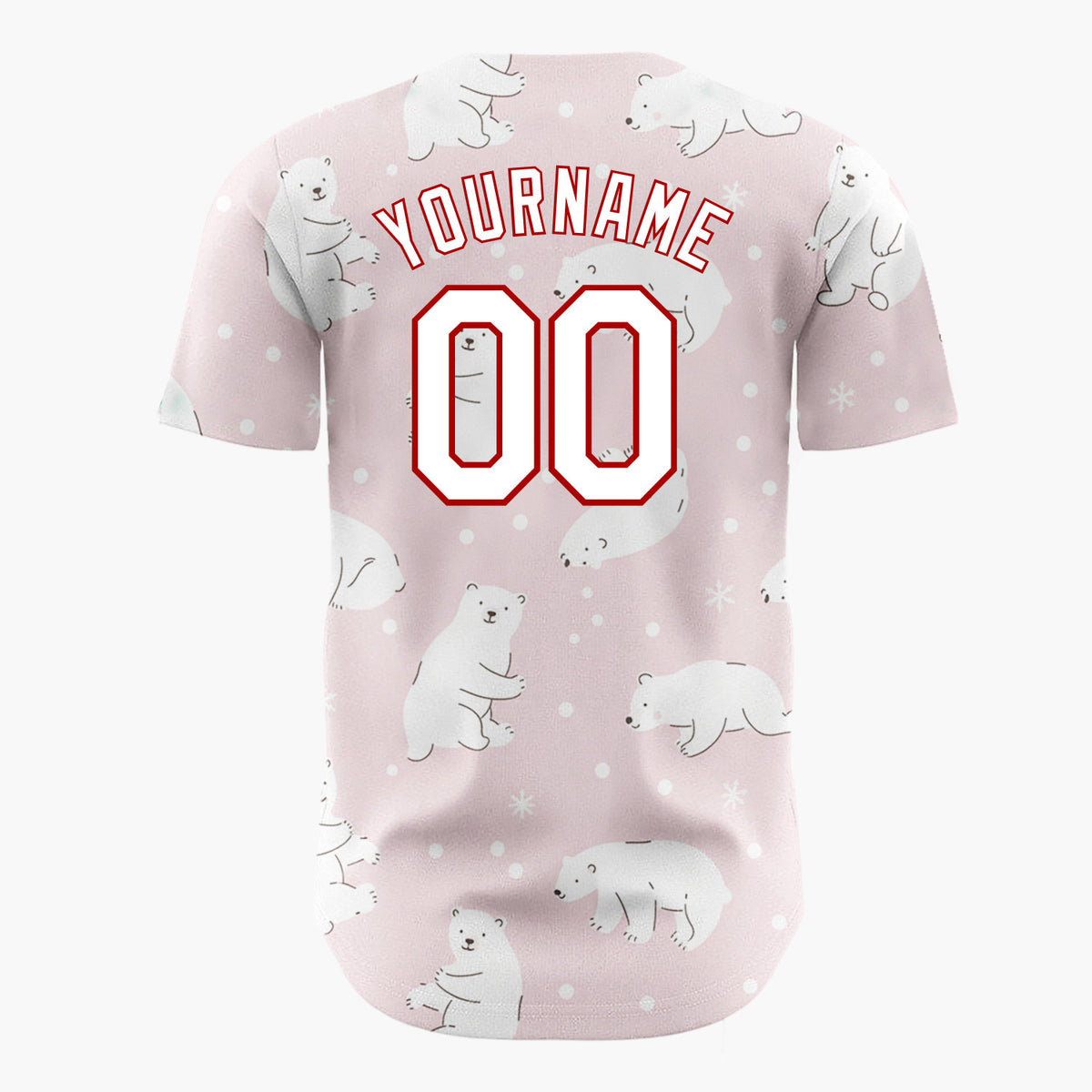 Custom Pink White Polar Bears With Snowflakes Gentle Winter Pattern Christmas Baseball Jersey