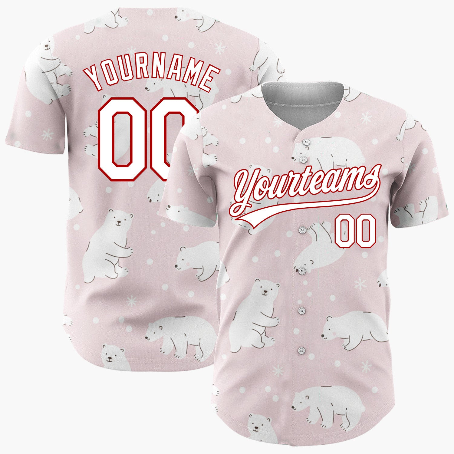 Custom Pink White Polar Bears With Snowflakes Gentle Winter Pattern Christmas Baseball Jersey