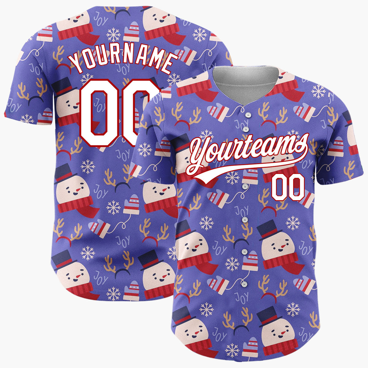 Custom Purple Red White Cute Snowman And Antlers Christmas Baseball Jersey