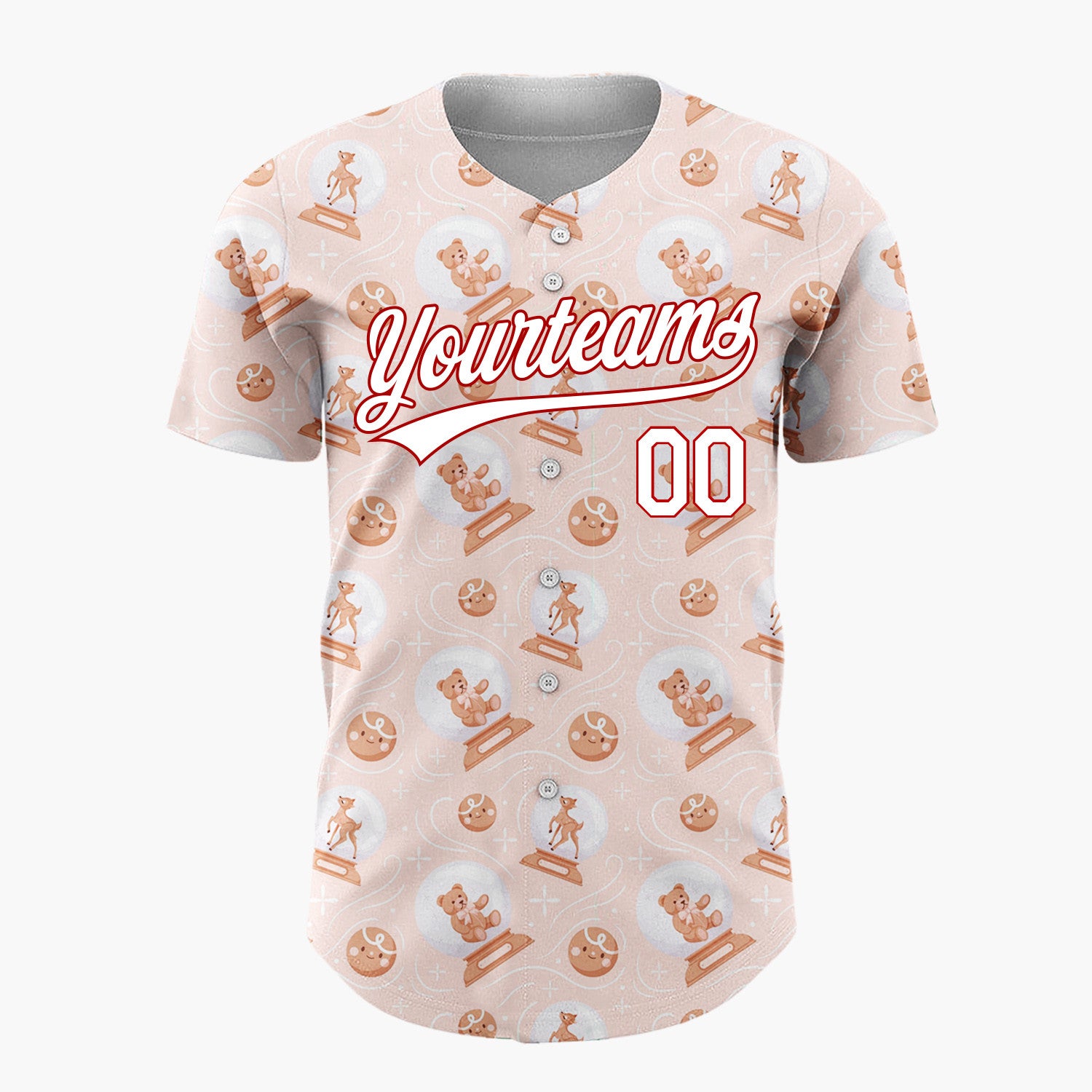 Custom Peach White Teddy Bears Reindeers And Snow Globes Cute Christmas Baseball Jersey