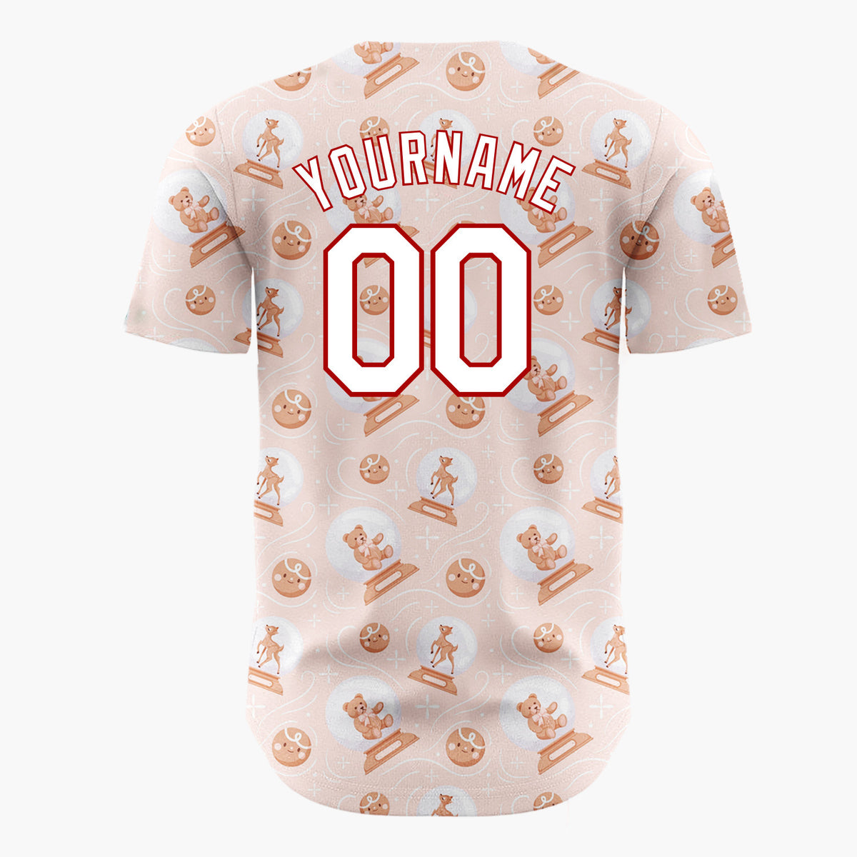 Custom Peach White Teddy Bears Reindeers And Snow Globes Cute Christmas Baseball Jersey