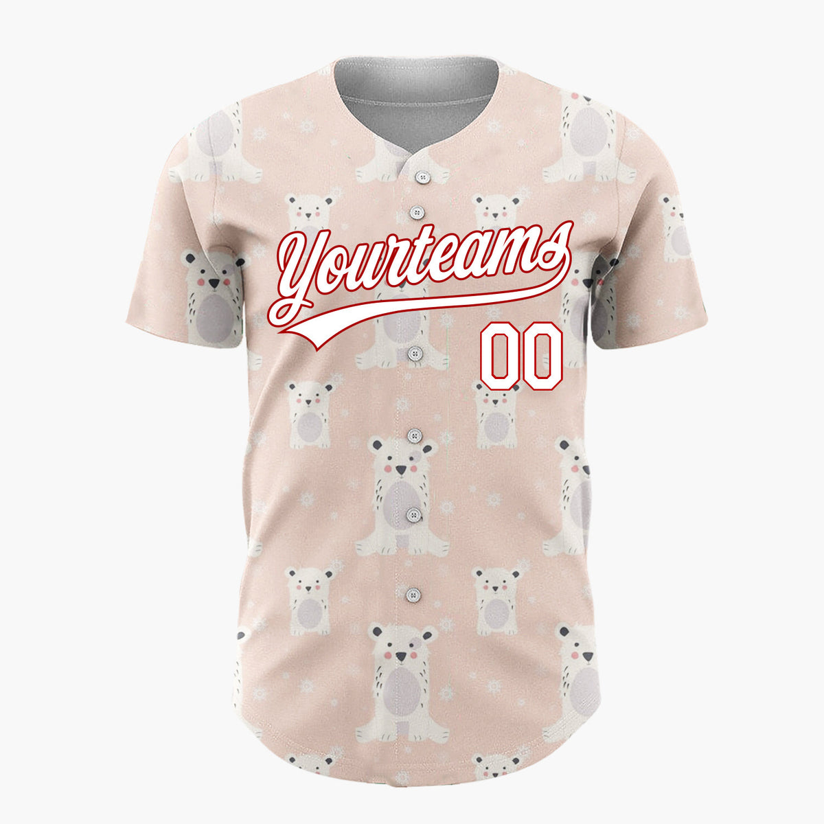 Custom Peach White Polar Bears With Snowflakes Cute Winter Pattern Christmas Baseball Jersey