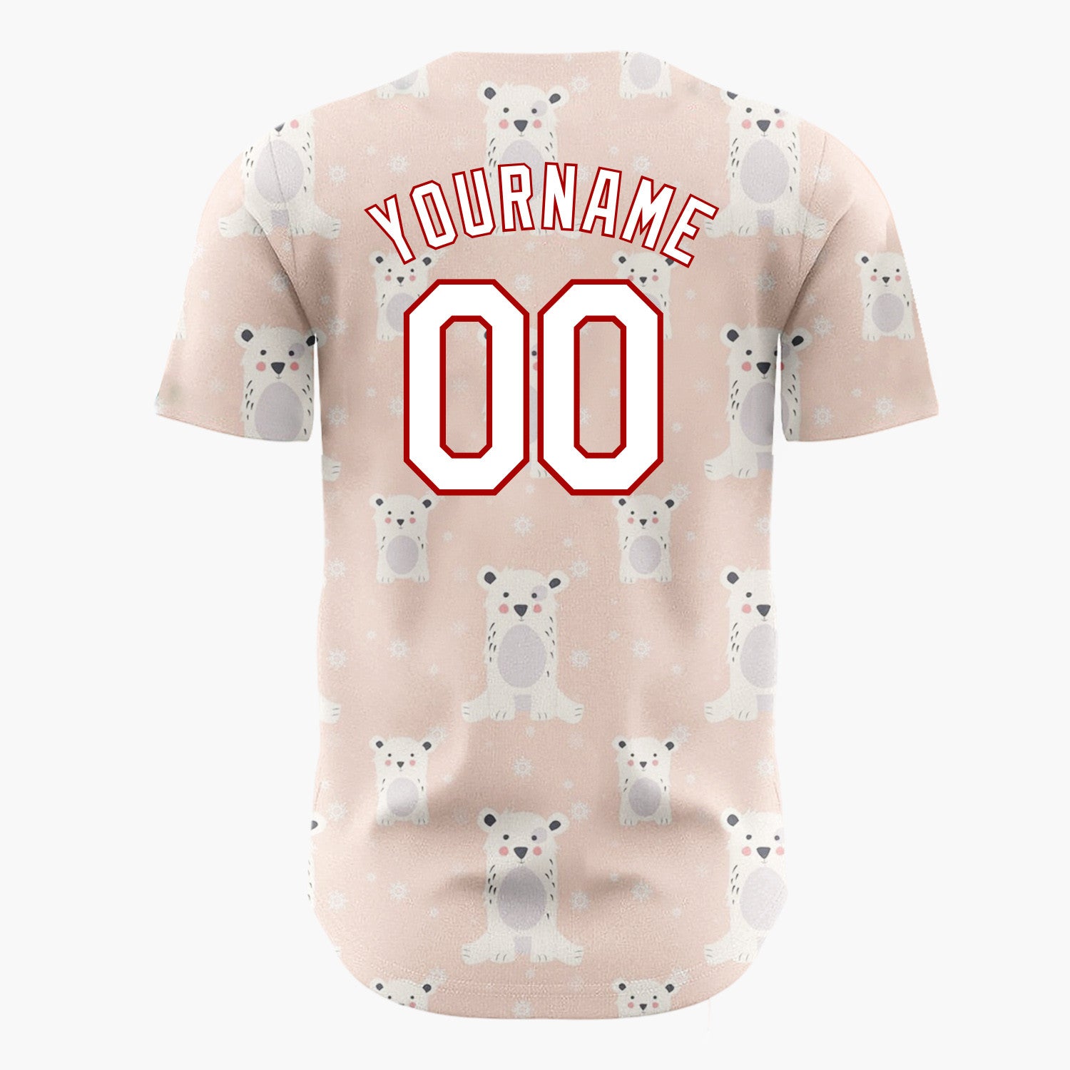 Custom Peach White Polar Bears With Snowflakes Cute Winter Pattern Christmas Baseball Jersey