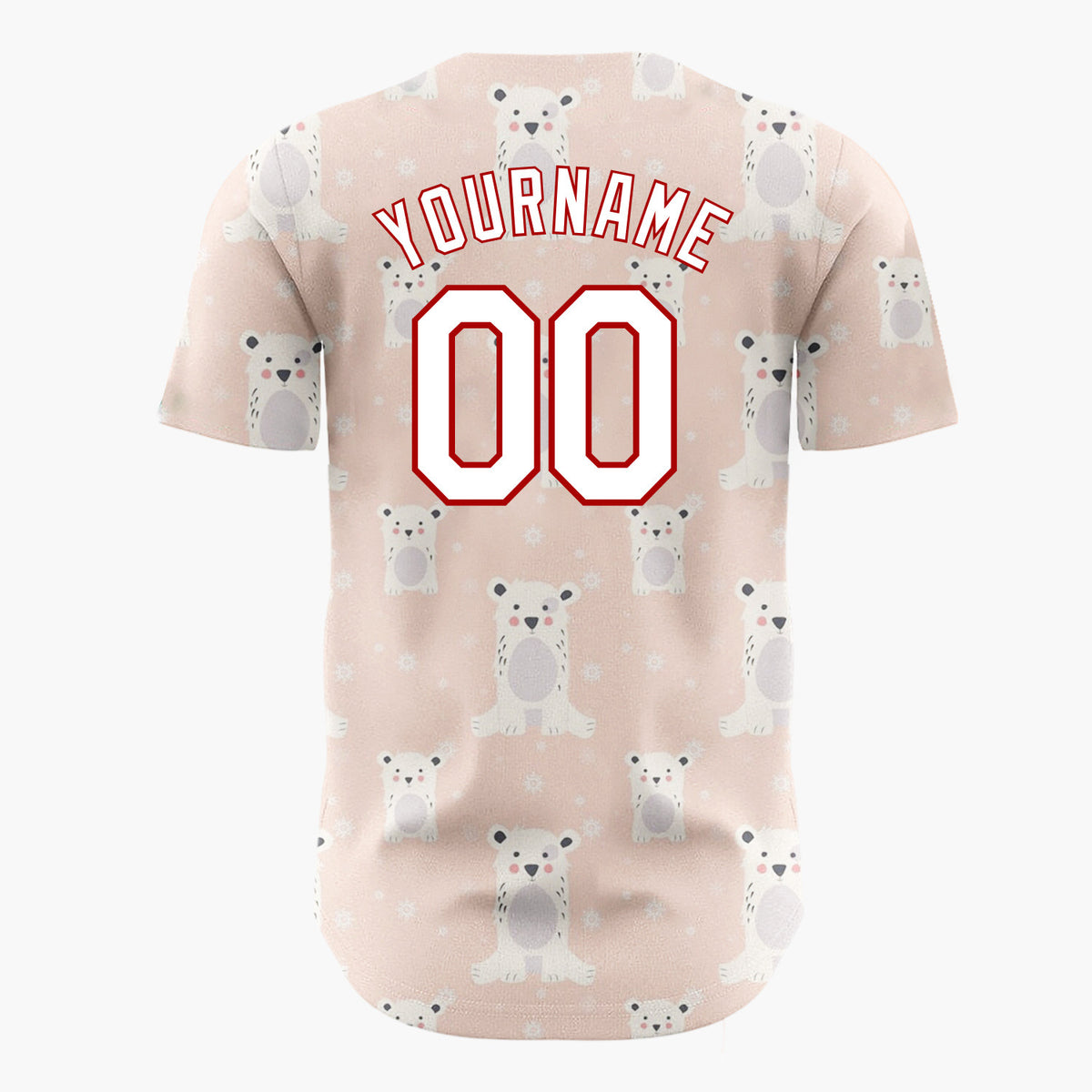 Custom Peach White Polar Bears With Snowflakes Cute Winter Pattern Christmas Baseball Jersey
