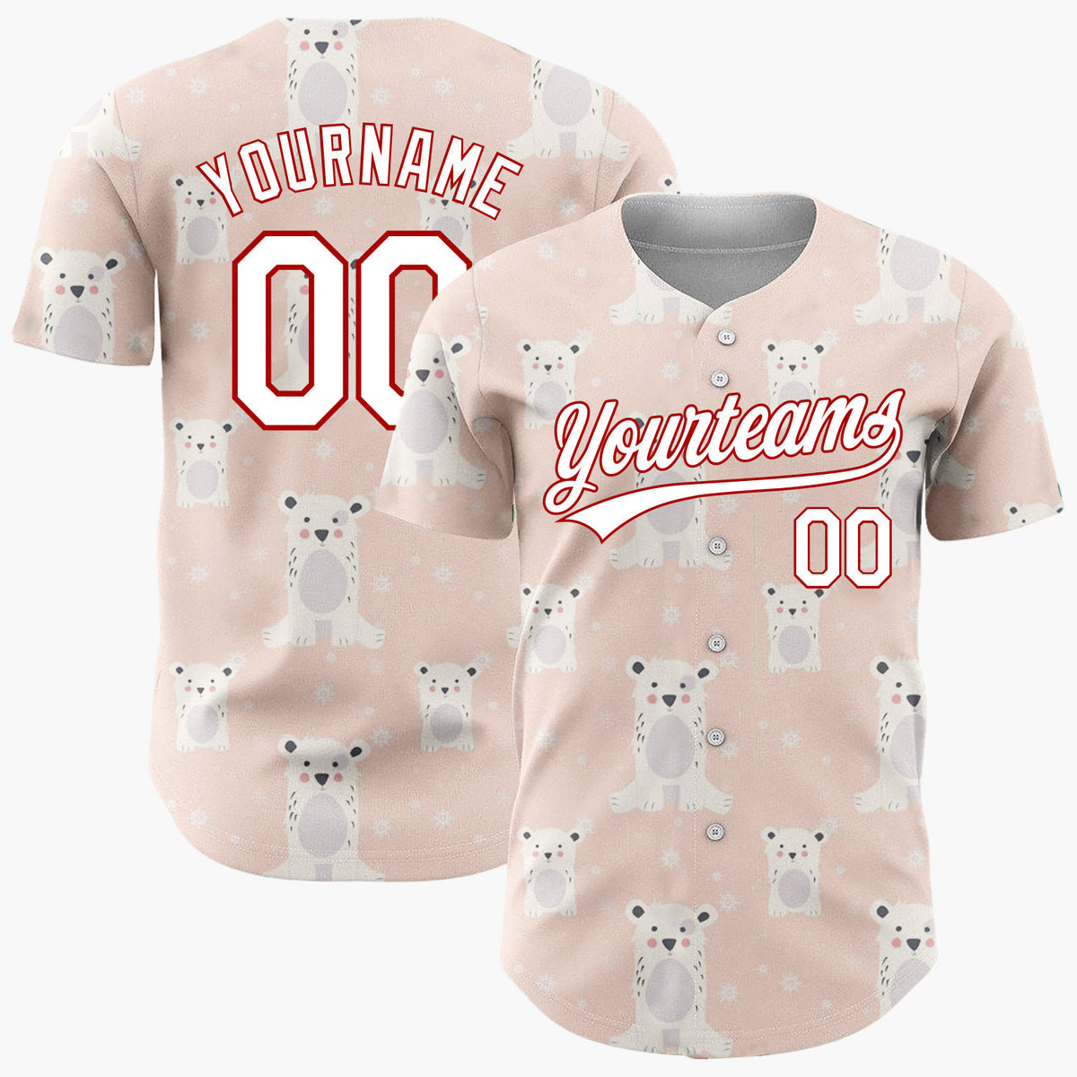Custom Peach White Polar Bears With Snowflakes Cute Winter Pattern Christmas Baseball Jersey