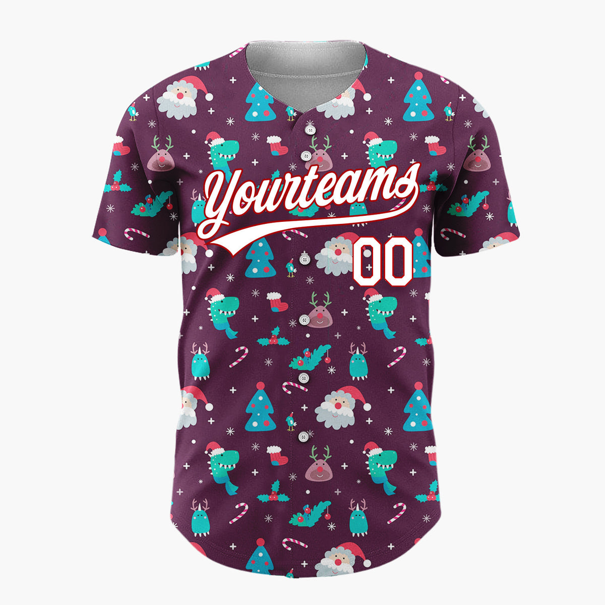 Custom Purple Multicolor Santa Dinosaur Monster Whimsical Christmas Baseball Jersey