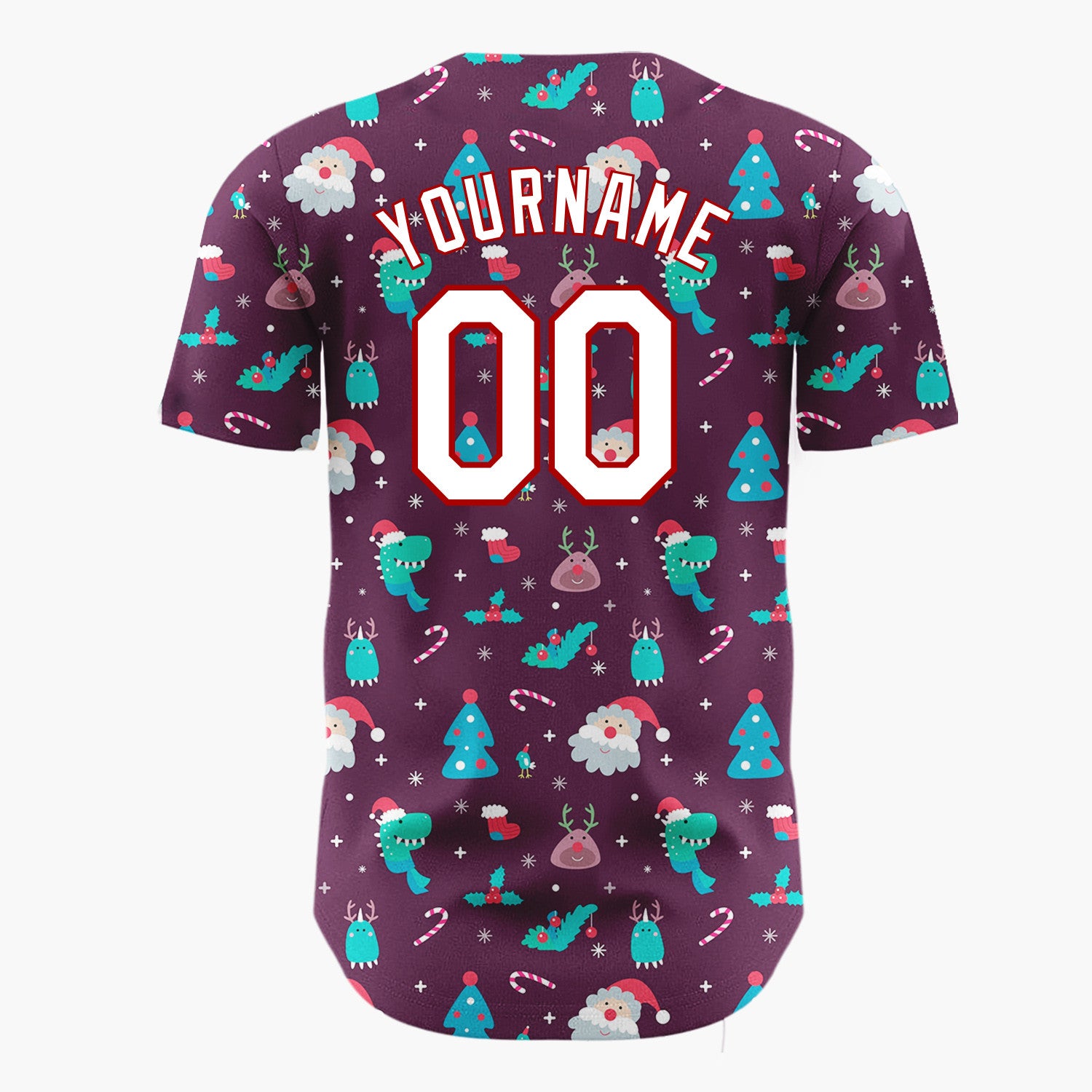 Custom Purple Multicolor Santa Dinosaur Monster Whimsical Christmas Baseball Jersey
