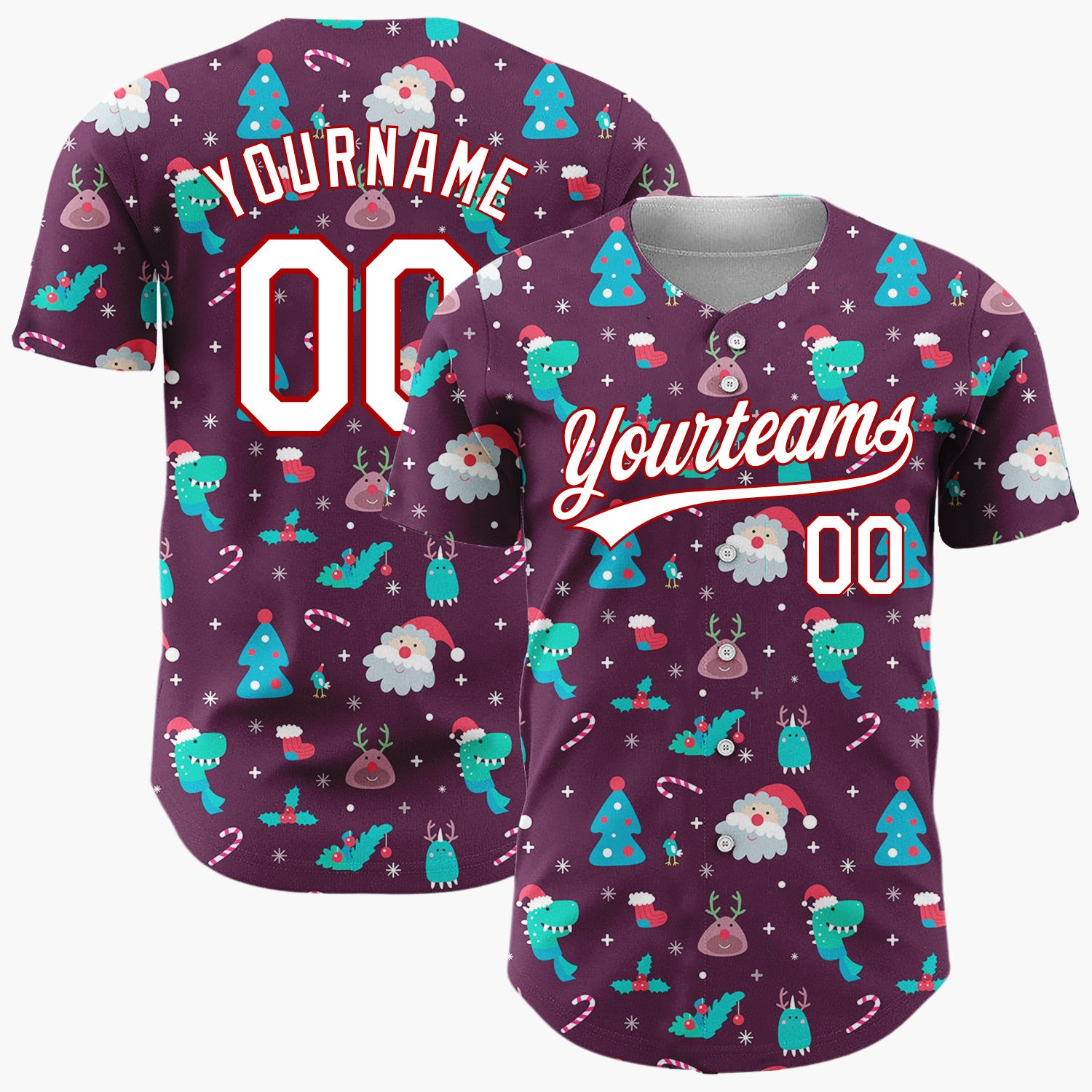 Custom Purple Multicolor Santa Dinosaur Monster Whimsical Christmas Baseball Jersey