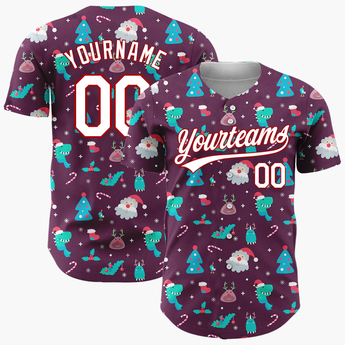 Custom Purple Multicolor Santa Dinosaur Monster Whimsical Christmas Baseball Jersey