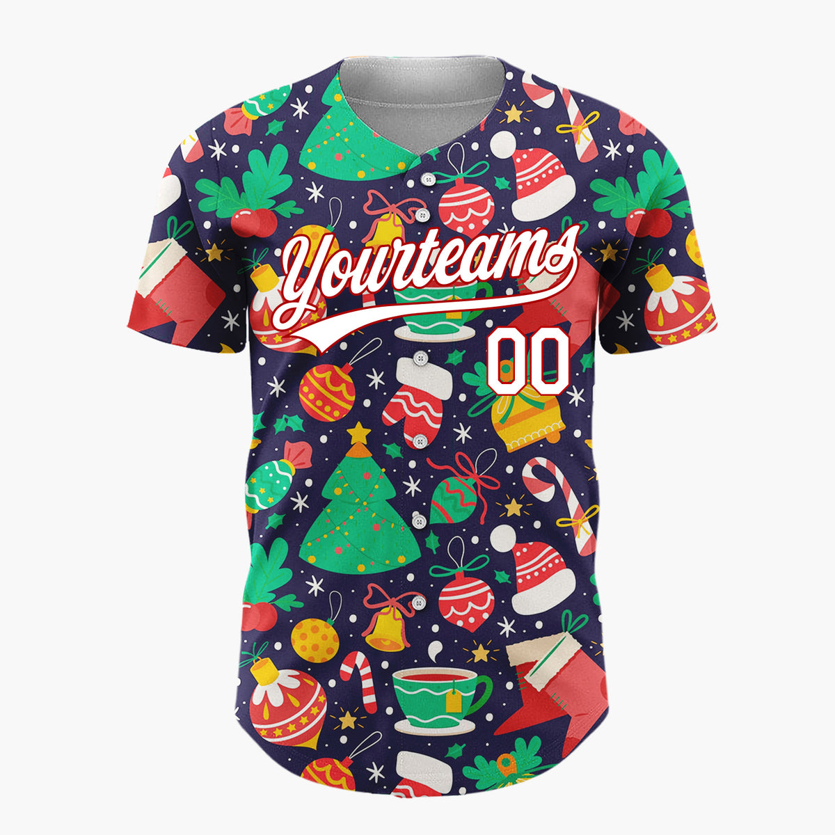 Custom Navy Green Trees Bells And Stockings Classic Christmas Baseball Jersey