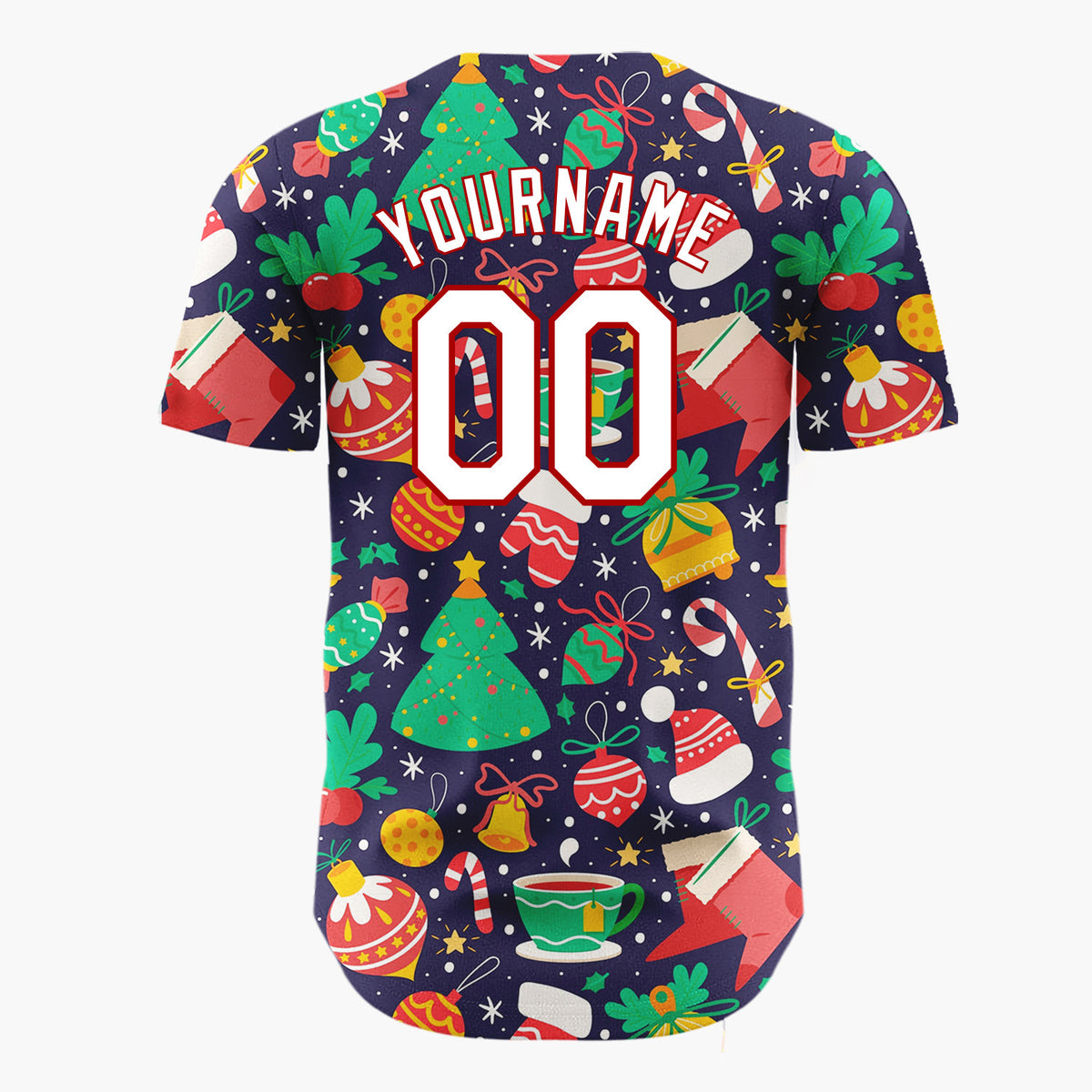 Custom Navy Green Trees Bells And Stockings Classic Christmas Baseball Jersey