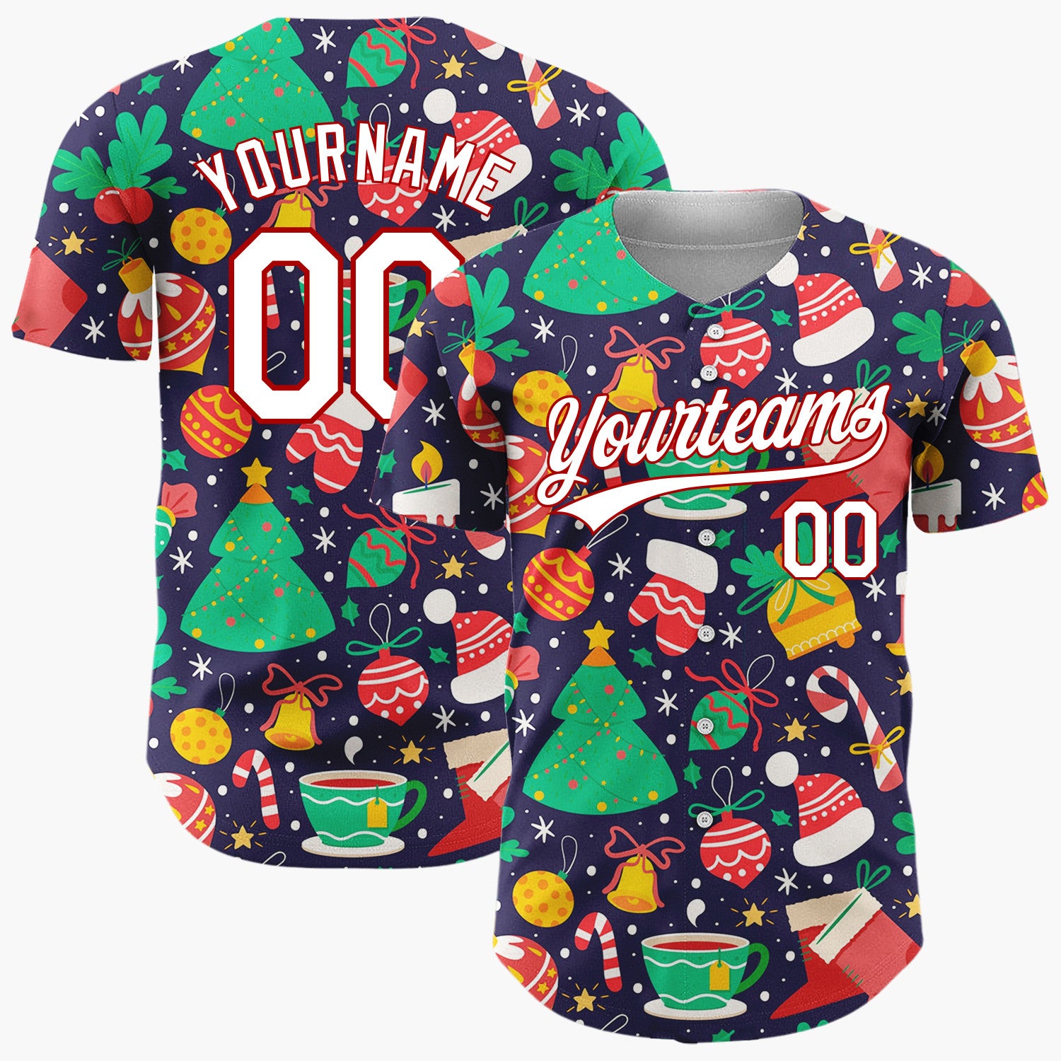 Custom Navy Green Trees Bells And Stockings Classic Christmas Baseball Jersey