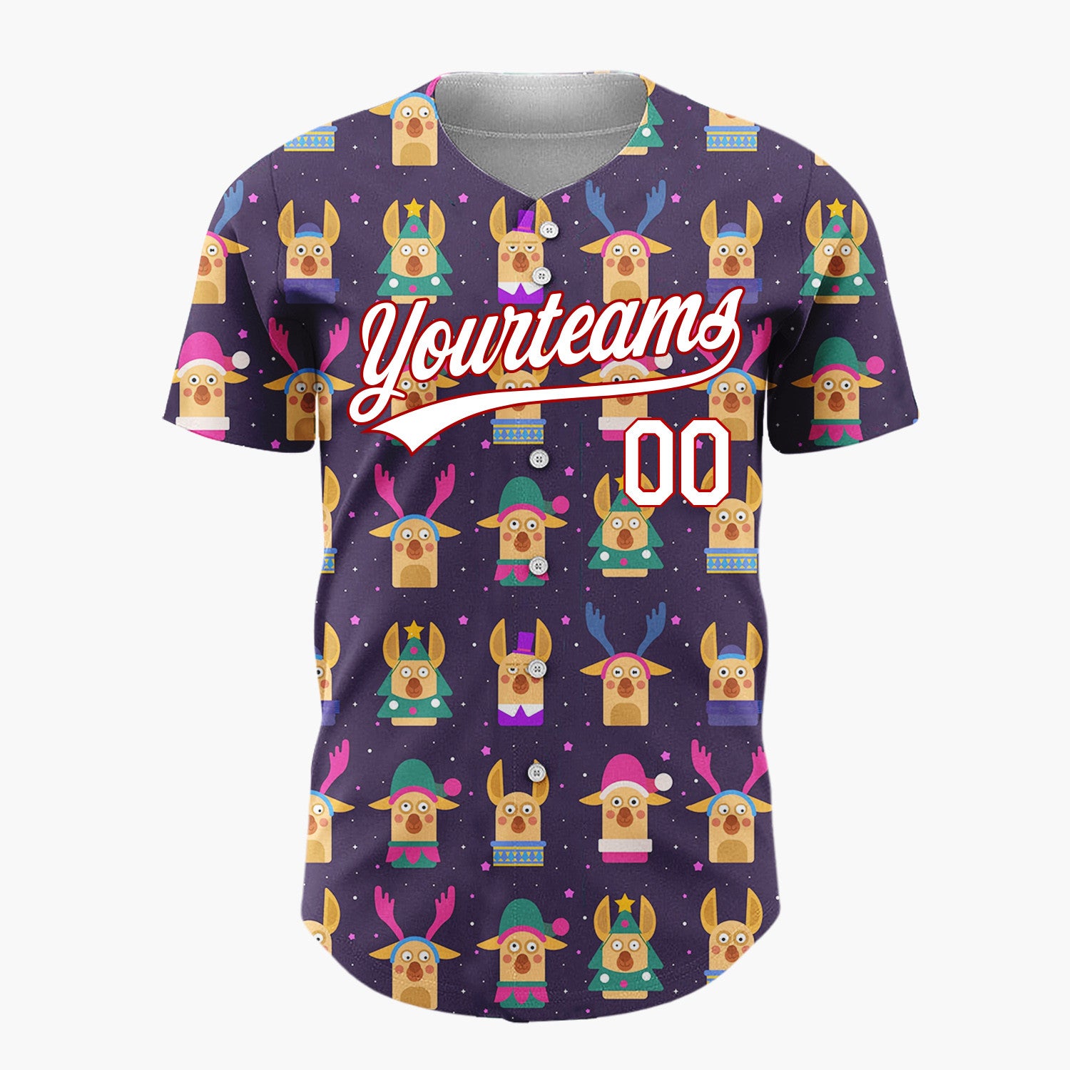Custom Purple Pink Funny Christmas Reindeers And Trees Cute Holiday Pattern Christmas Baseball Jersey