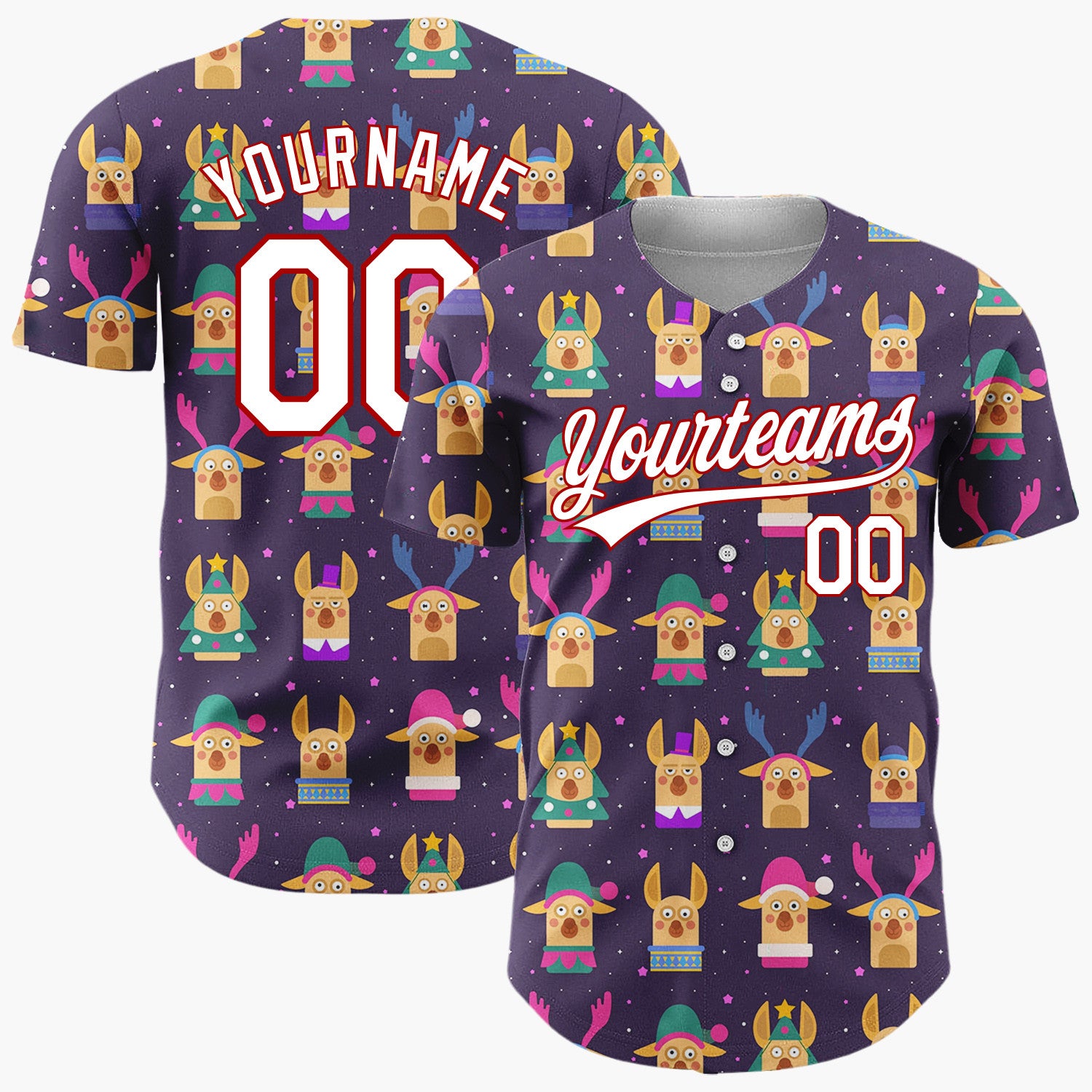 Custom Purple Pink Funny Christmas Reindeers And Trees Cute Holiday Pattern Christmas Baseball Jersey