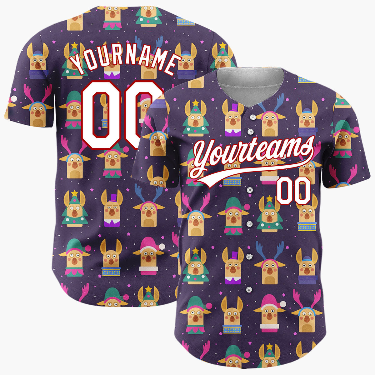 Custom Purple Pink Funny Christmas Reindeers And Trees Cute Holiday Pattern Christmas Baseball Jersey