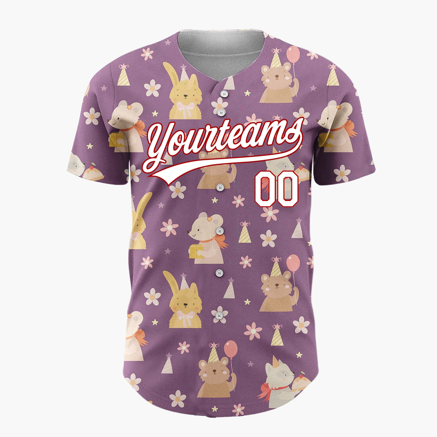 Custom Purple Yellow Cute Animals With Balloons And Flowers Birthday Party Pattern Christmas Baseball Jersey
