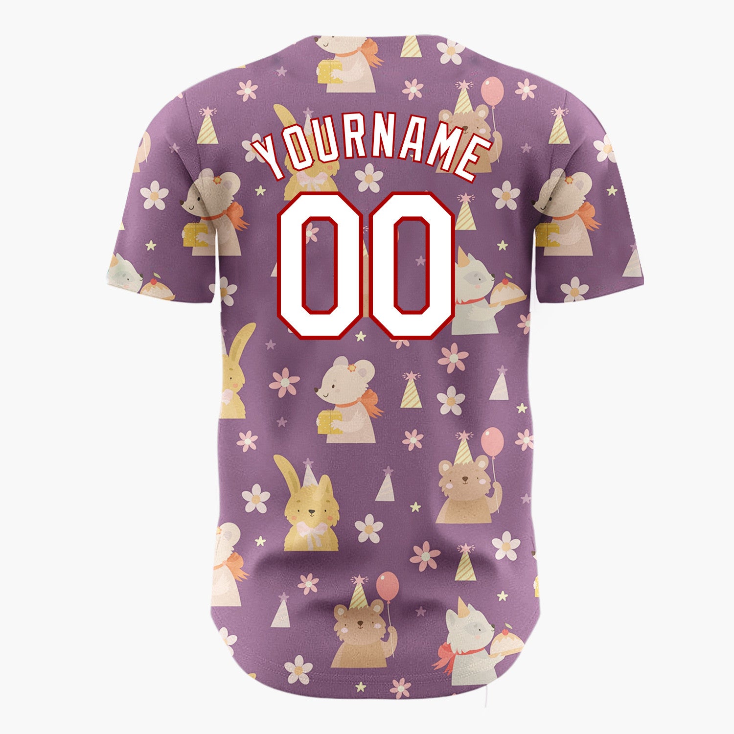 Custom Purple Yellow Cute Animals With Balloons And Flowers Birthday Party Pattern Christmas Baseball Jersey