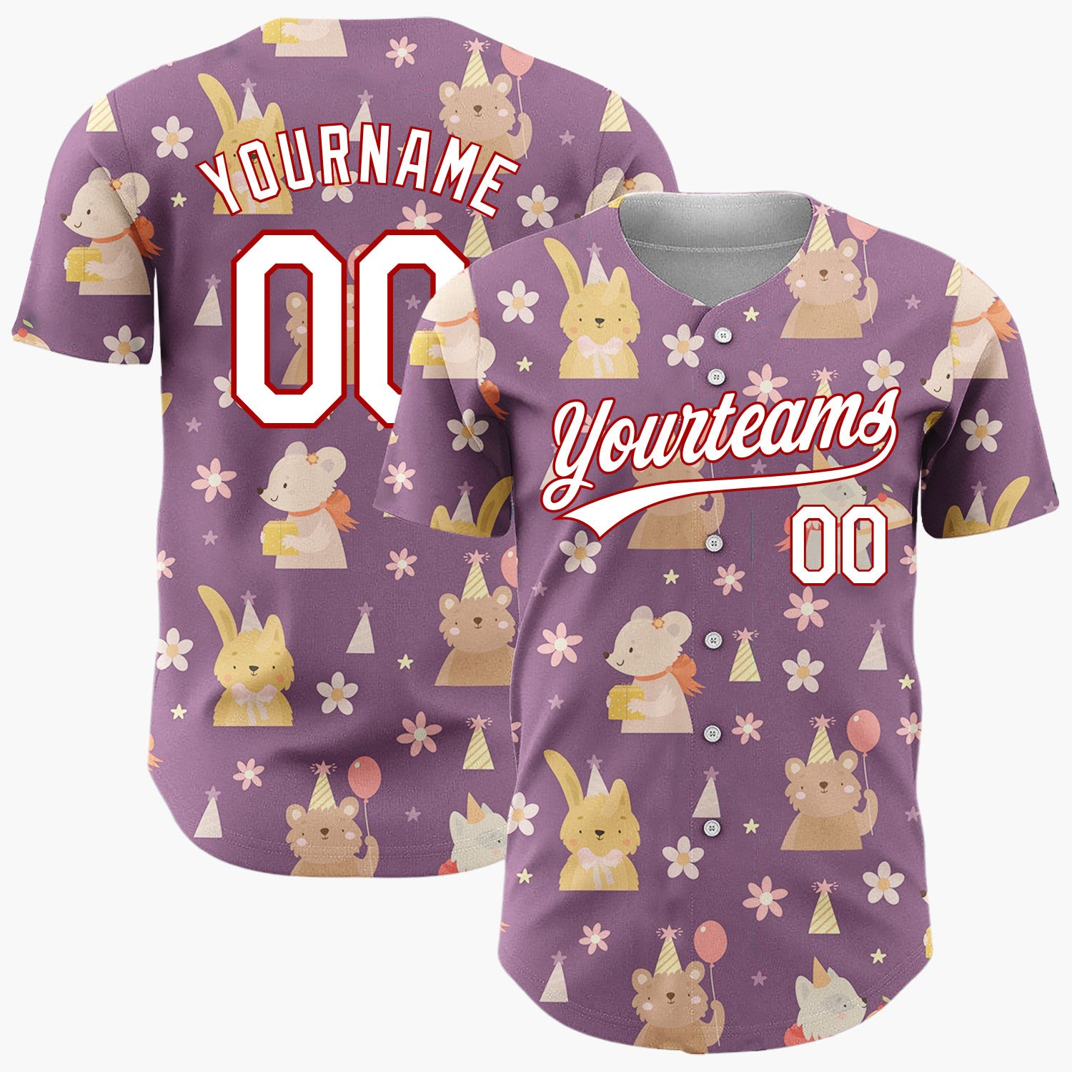 Custom Purple Yellow Cute Animals With Balloons And Flowers Birthday Party Pattern Christmas Baseball Jersey