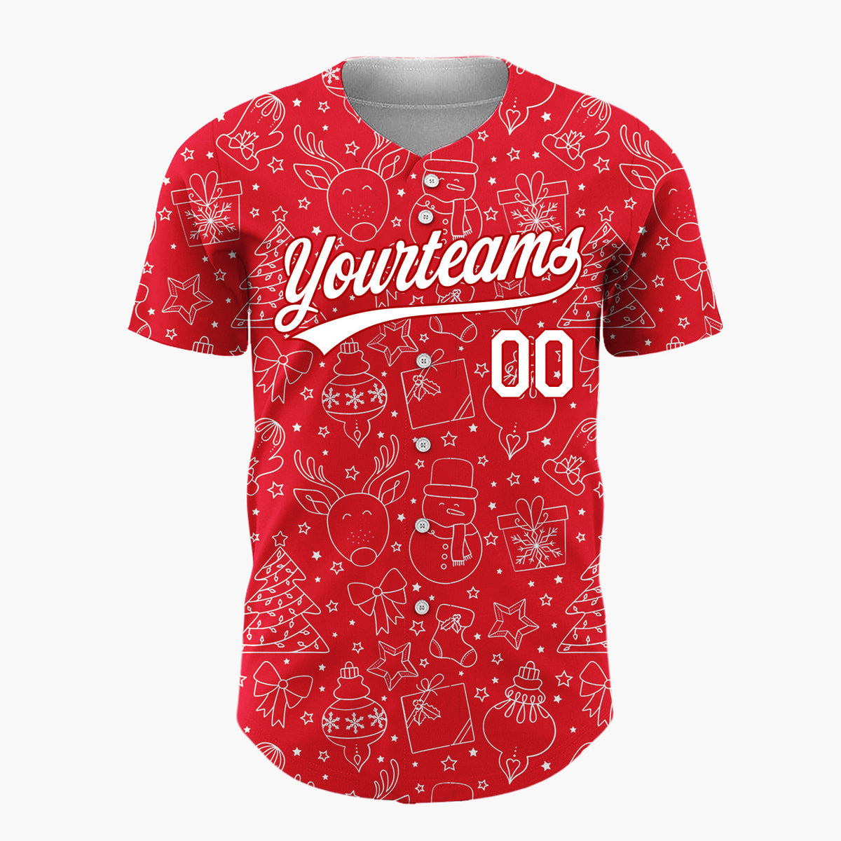 Custom Red White Christmas Doodles Outline Festive Line Art Pattern Christmas Baseball Jersey