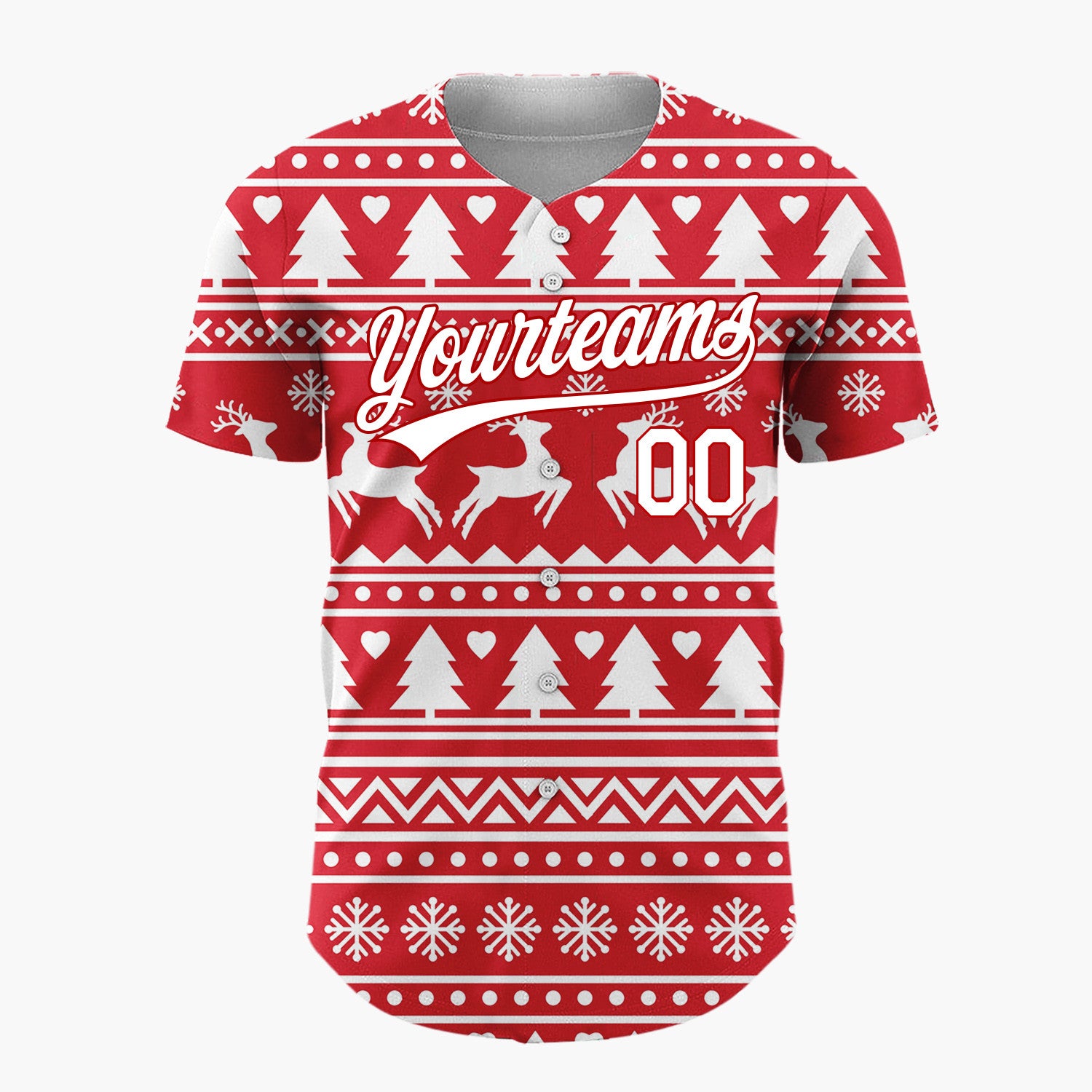 Custom Red White Reindeer And Trees Graphic Nordic Pattern Christmas Baseball Jersey