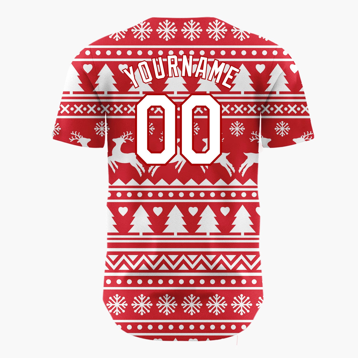 Custom Red White Reindeer And Trees Graphic Nordic Pattern Christmas Baseball Jersey