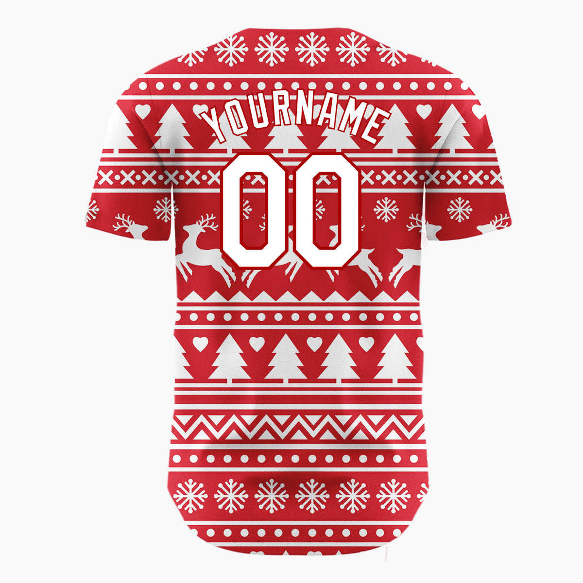 Custom Red White Reindeer And Trees Graphic Nordic Pattern Christmas Baseball Jersey
