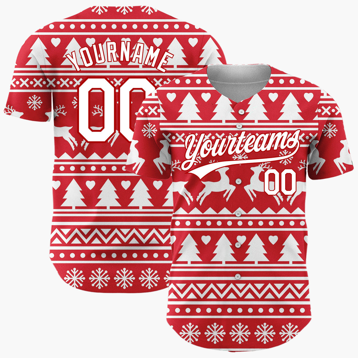 Custom Red White Reindeer And Trees Graphic Nordic Pattern Christmas Baseball Jersey