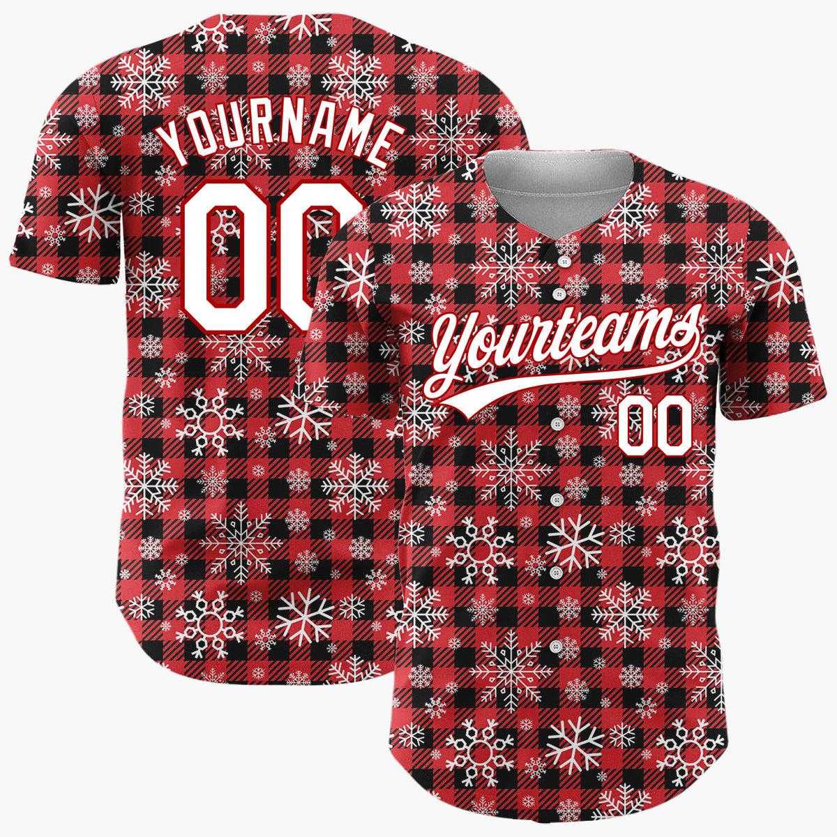 Custom Red Plaid Snowflakes Classic Plaid Pattern Christmas Baseball Jersey