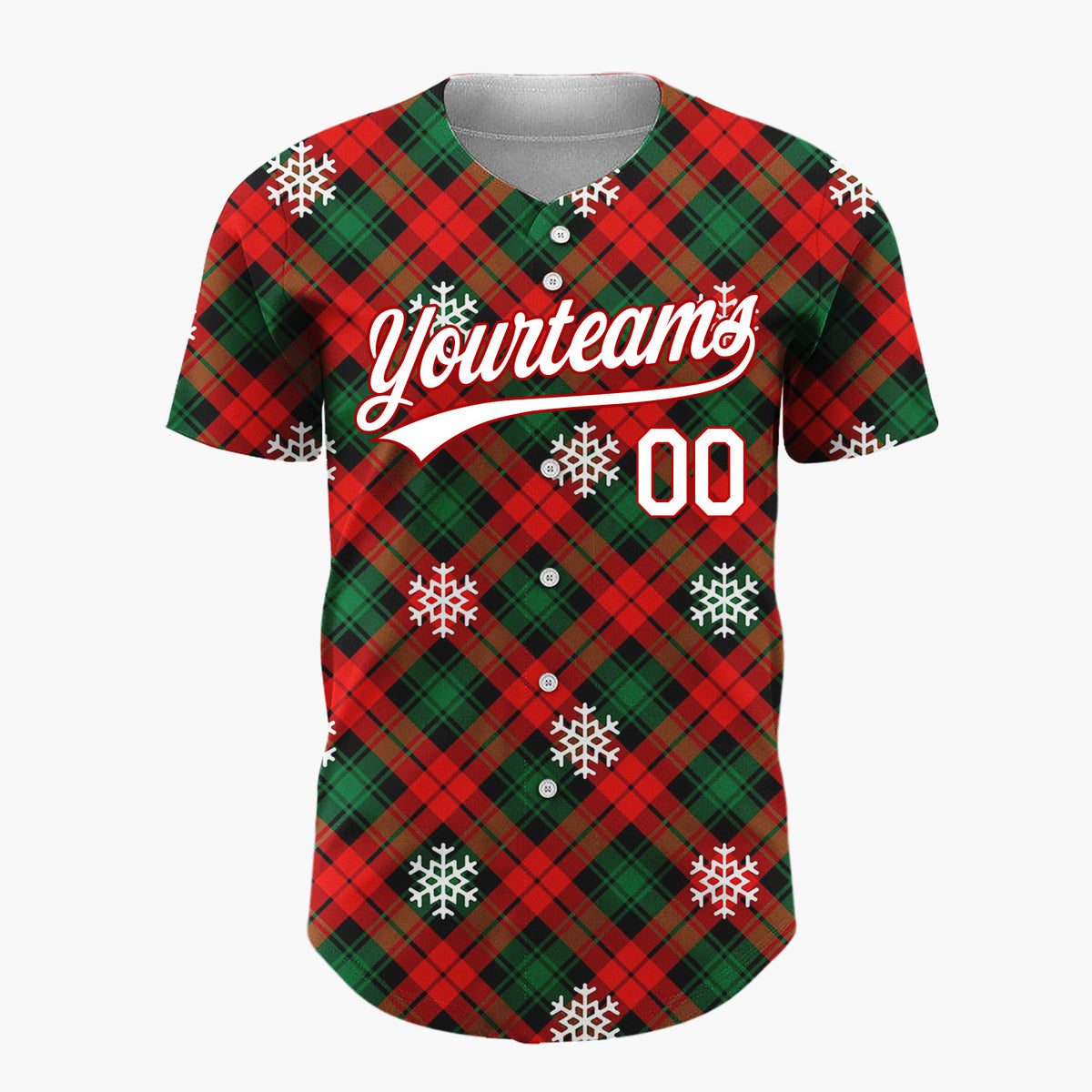 Custom Red Green Plaid Snowflakes Traditional Tartan Christmas Baseball Jersey
