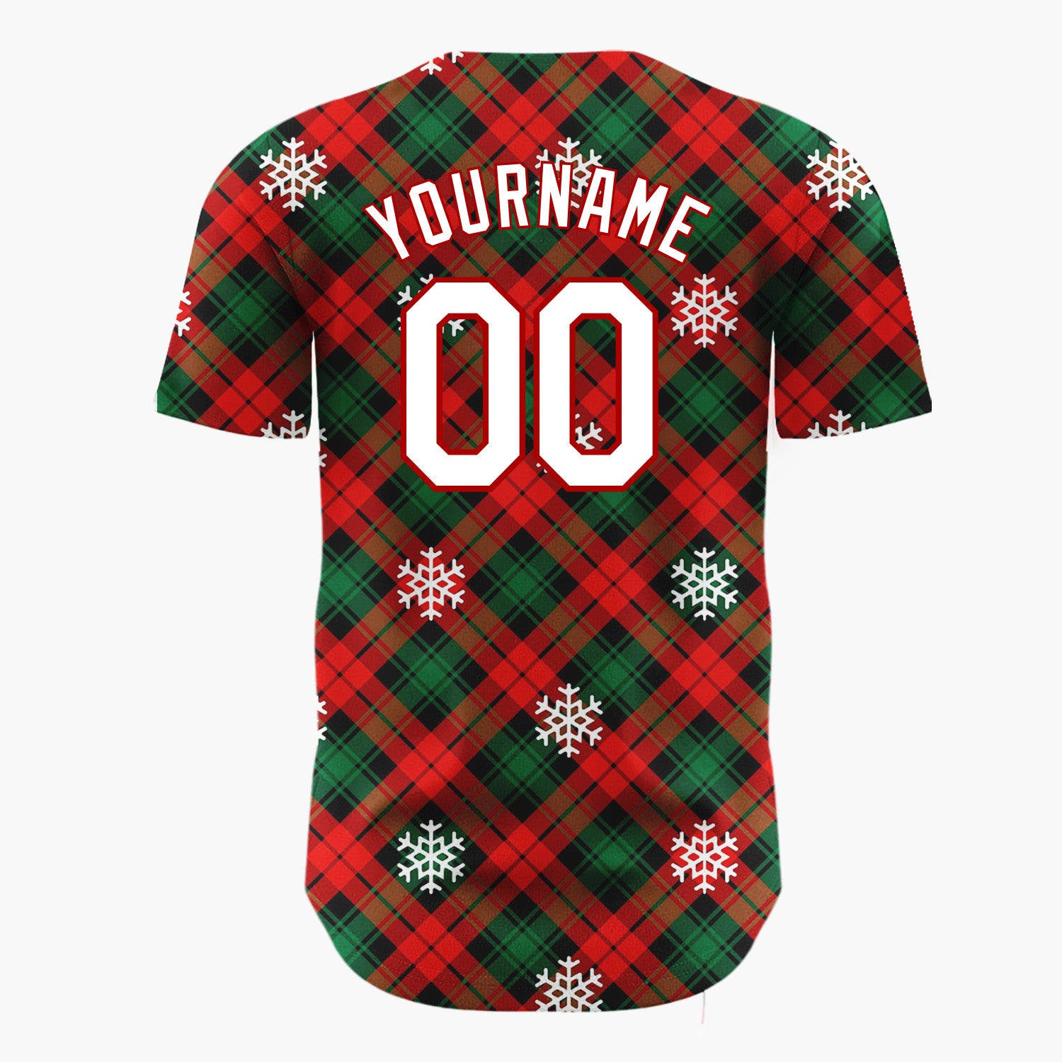 Custom Red Green Plaid Snowflakes Traditional Tartan Christmas Baseball Jersey