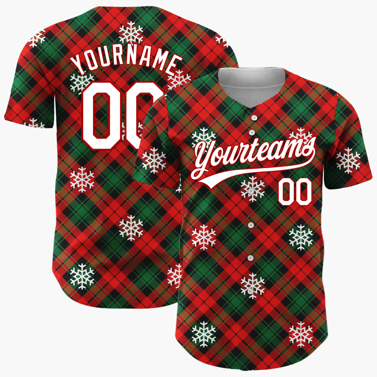 Custom Red Green Plaid Snowflakes Traditional Tartan Christmas Baseball Jersey
