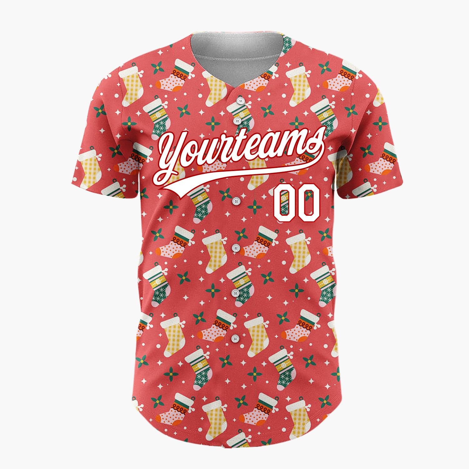 Custom Red White Decorated Stockings Festive Apparel Pattern Christmas Baseball Jersey