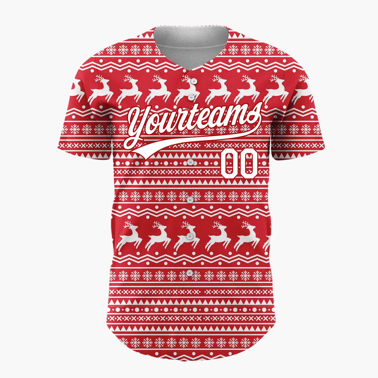 Custom Red White Reindeer And Snowflake Nordic Fair Isle Pattern Christmas Baseball Jersey