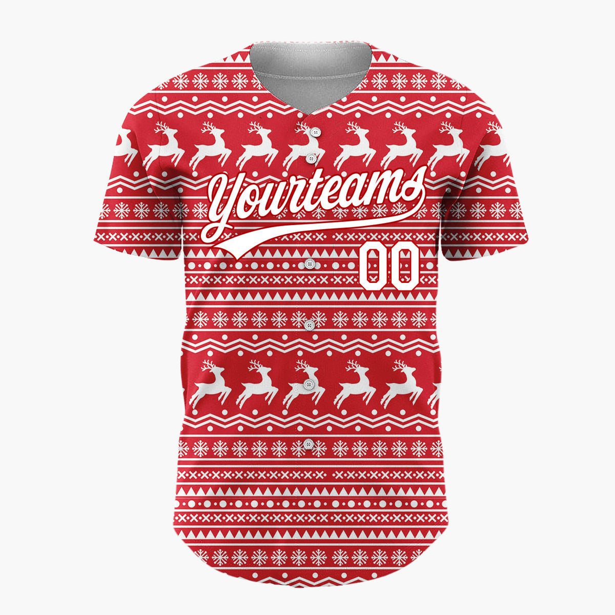 Custom Red White Reindeer And Snowflake Nordic Fair Isle Pattern Christmas Baseball Jersey