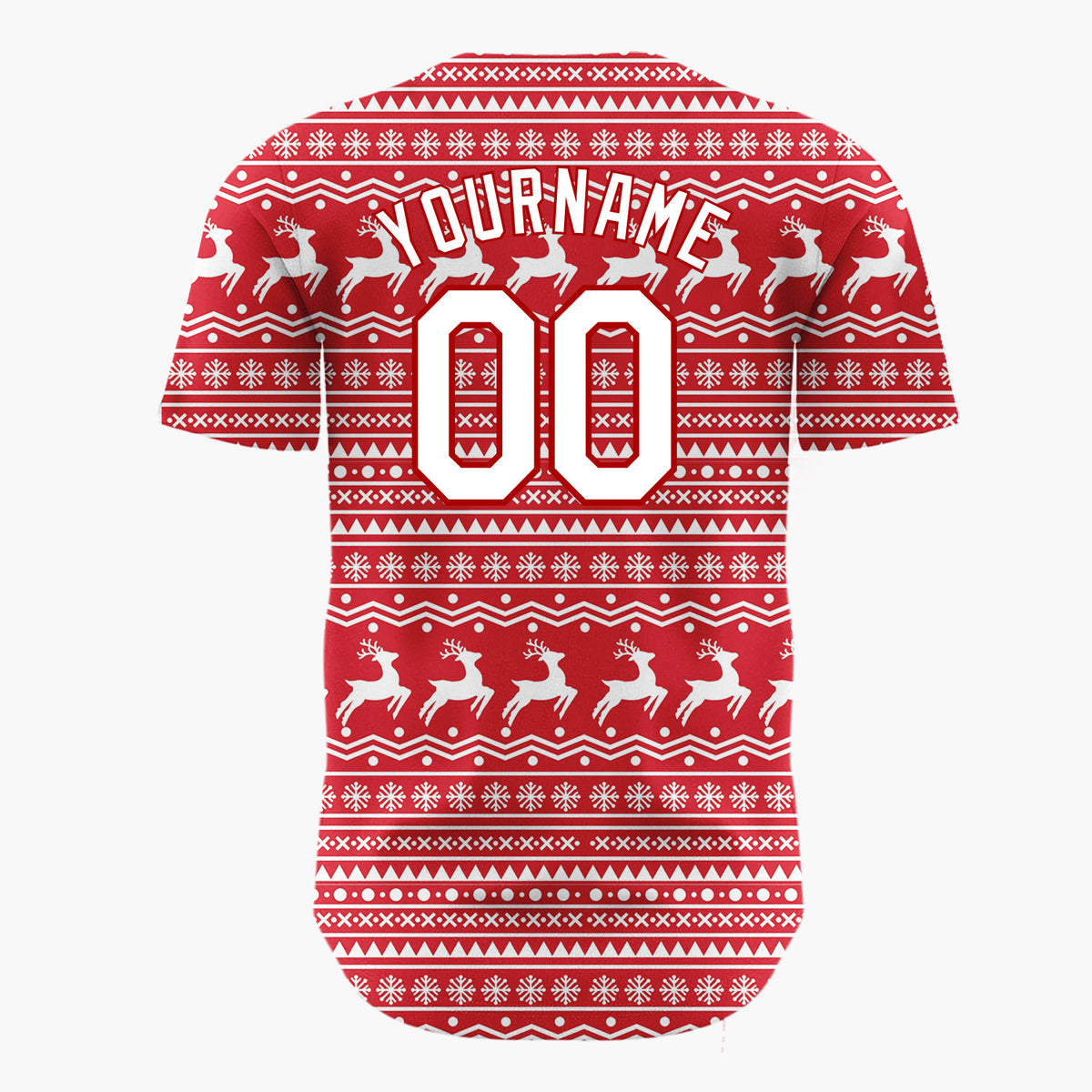 Custom Red White Reindeer And Snowflake Nordic Fair Isle Pattern Christmas Baseball Jersey