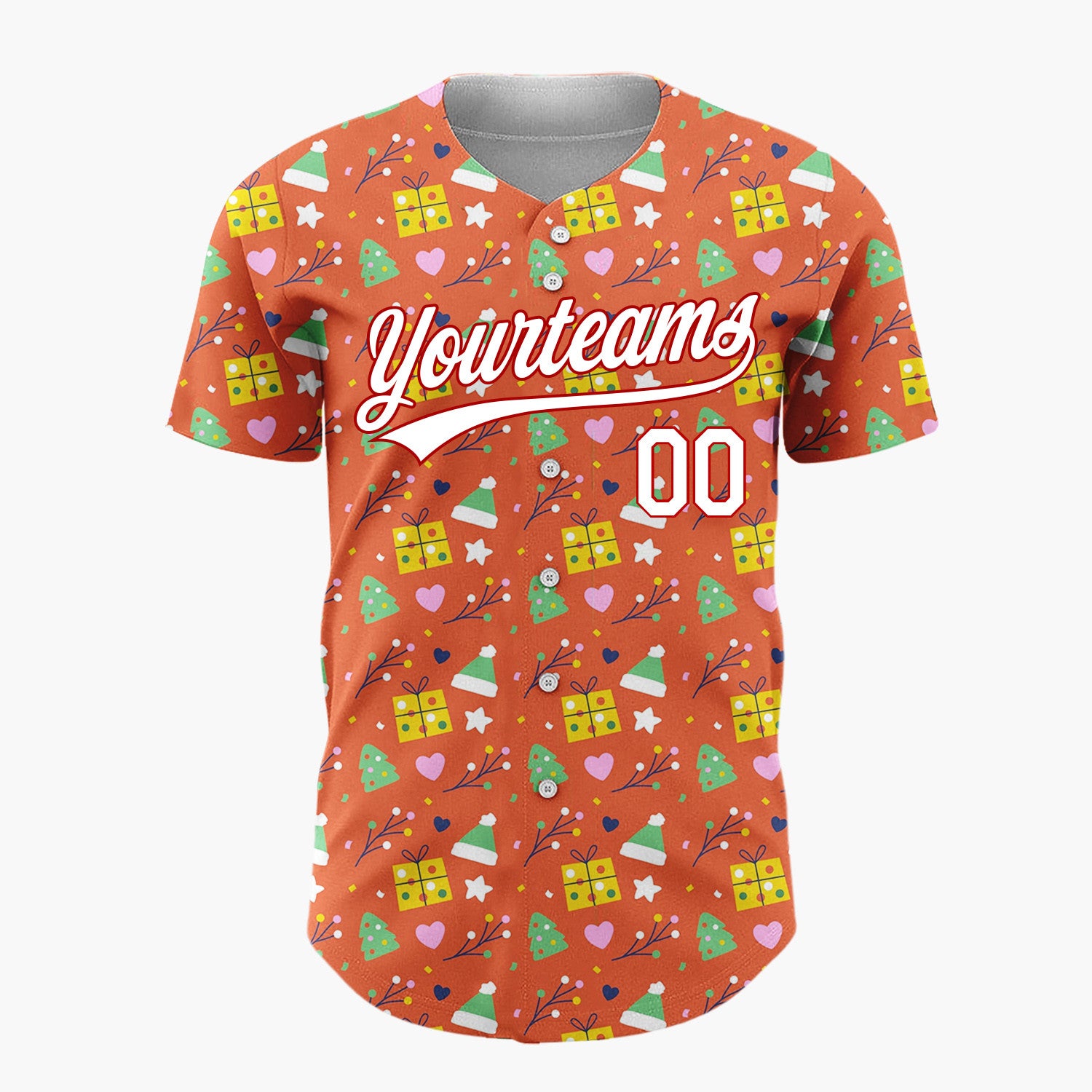 Custom Red Green Yellow Gifts Trees And Hearts Playful Abstract Pattern Christmas Baseball Jersey