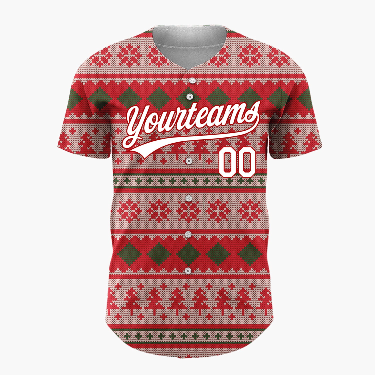 Custom Red Green Trees Diamonds And Snowflakes Festive Knit Pattern Christmas Baseball Jersey