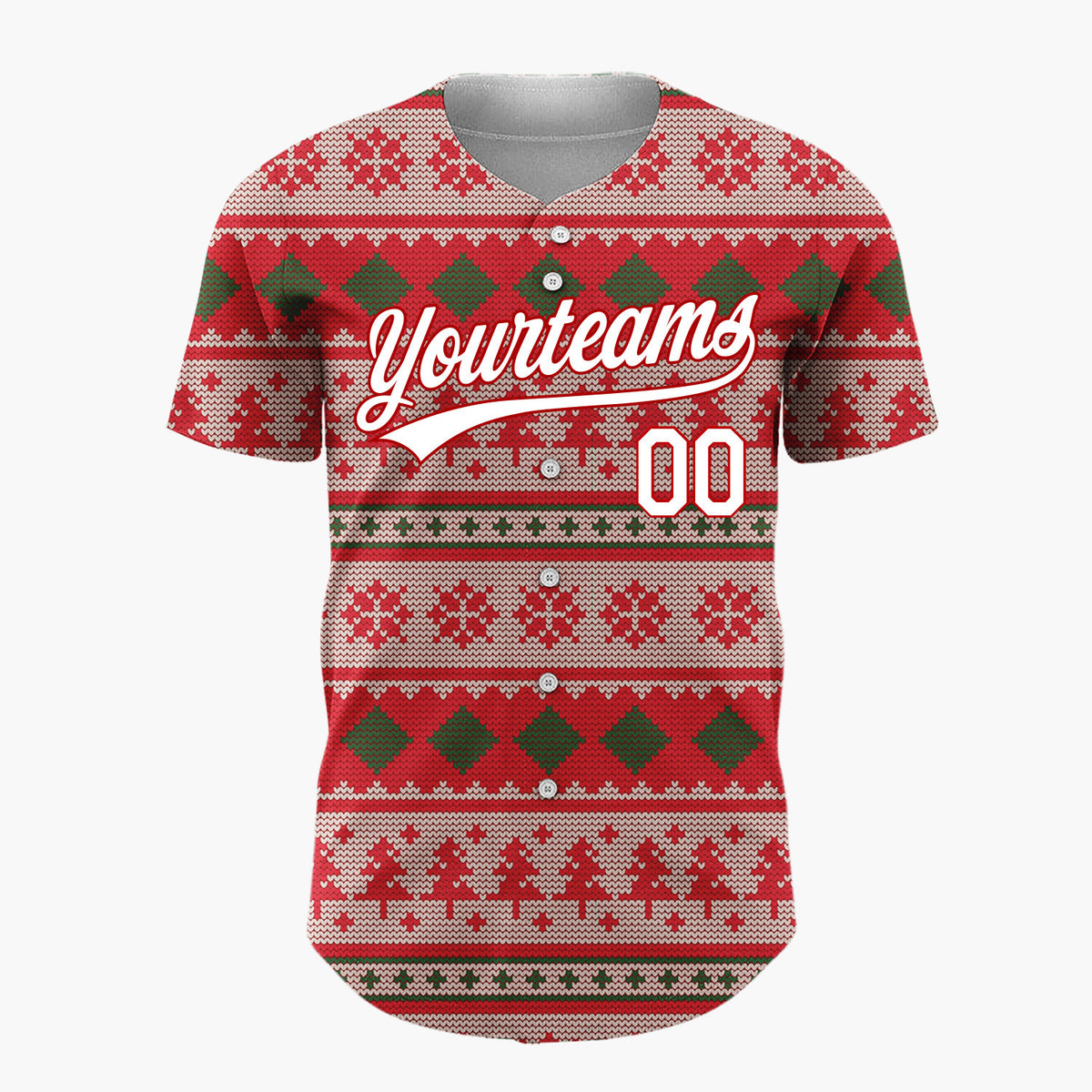 Custom Red Green Trees Diamonds And Snowflakes Festive Knit Pattern Christmas Baseball Jersey